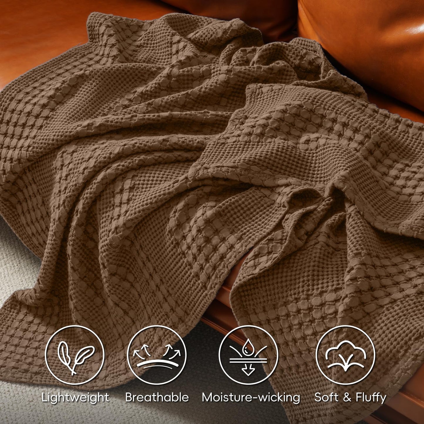 PHF 100% Cotton Waffle Weave Blanket, King Size Soft Breathable Bed Blanket for All Season, Perfect for Layering Couch Bed Sofa(108"x90", King Size, Chocolate)