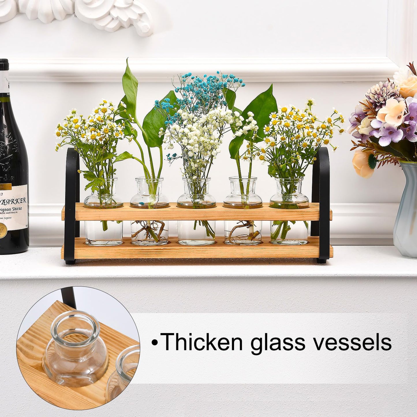 VIKEYHOME Plant Propagation Station with Wood Stand, Desktop Terrarium for Hydroponic, Flower Vase for Home, Kitchen, Office Decor, Plant Lover Gifts