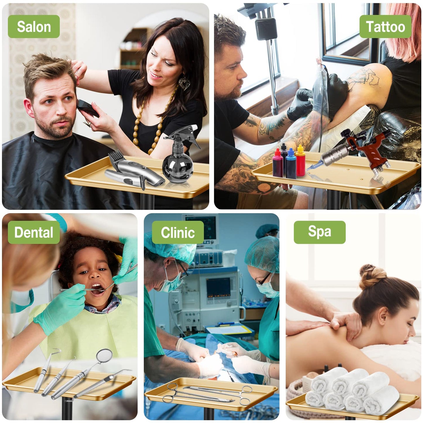 Chetunju Golden Salon Tray Premium Aluminum Rolling Tray Adjustable Height Use for The Tattoo Tray Hairstylist Tray with Wheels(Golden)