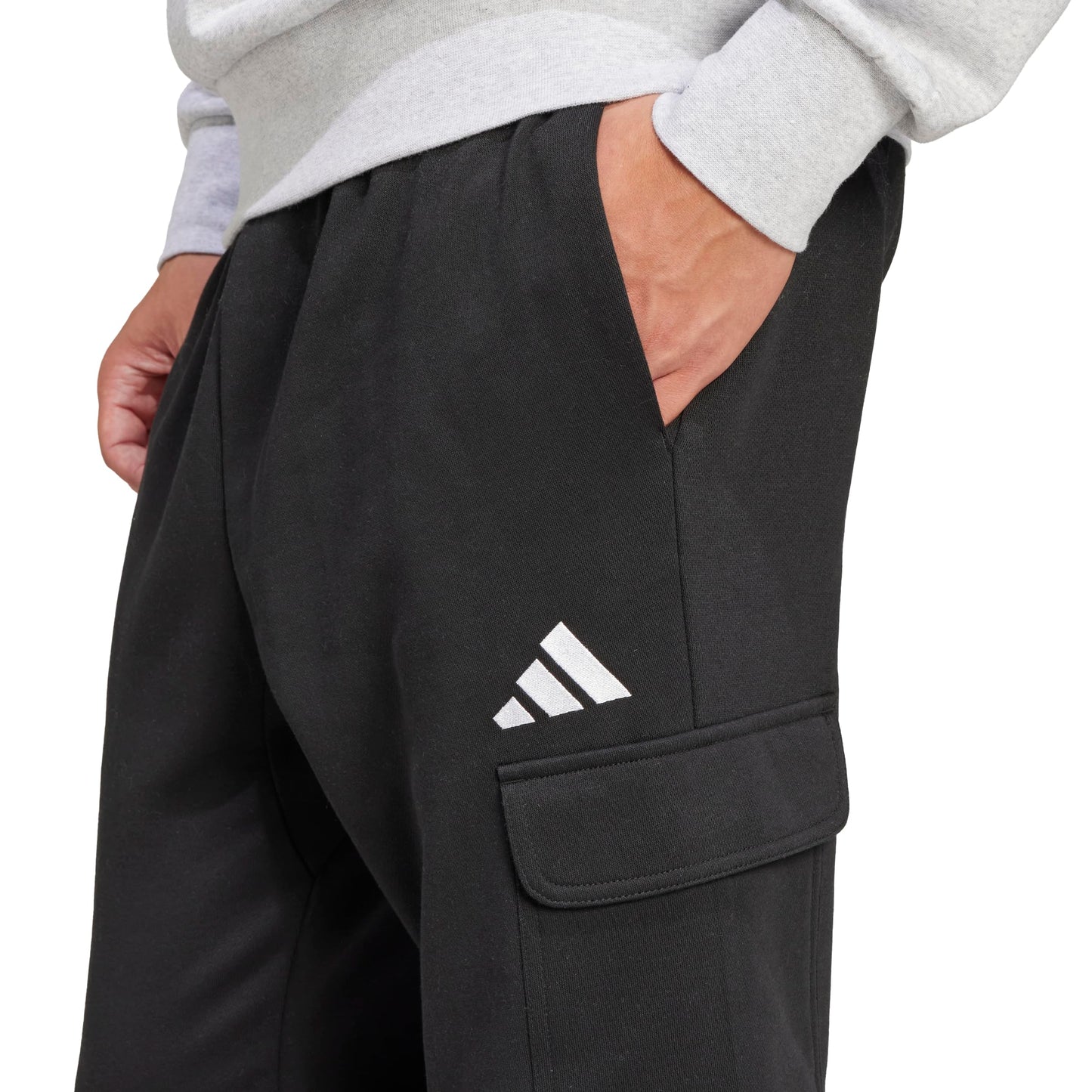 adidas Mens Essentials Feel Cozy Fleece Sportswear Cargo Pants,Black/White,Medium