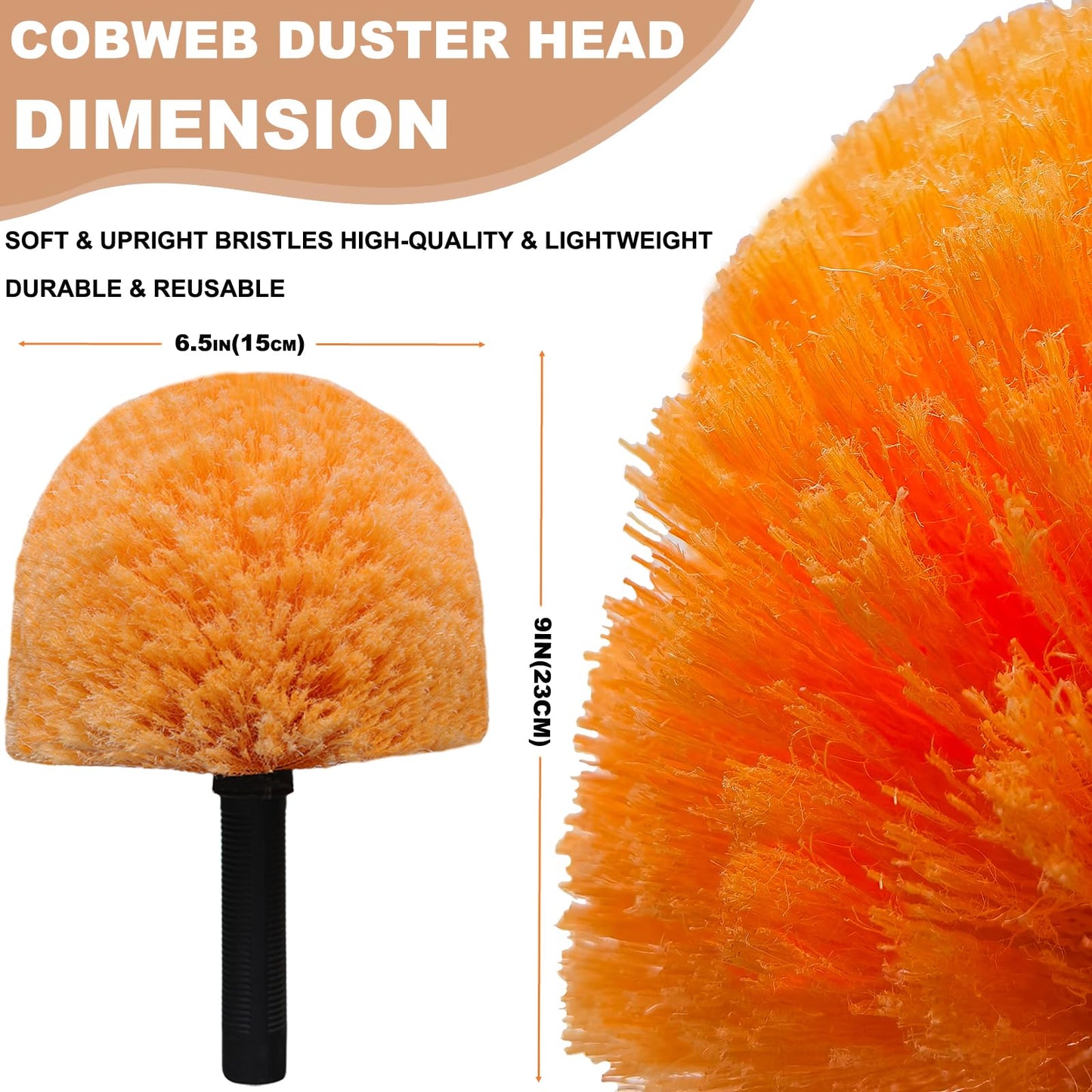 Twist-On Cobweb Duster Head Brush // Spider Web Brush for Outdoor & Indoor Web Cleaning // Fits Standard Acme Threaded Poles // Brush Head Only-Orange (4)