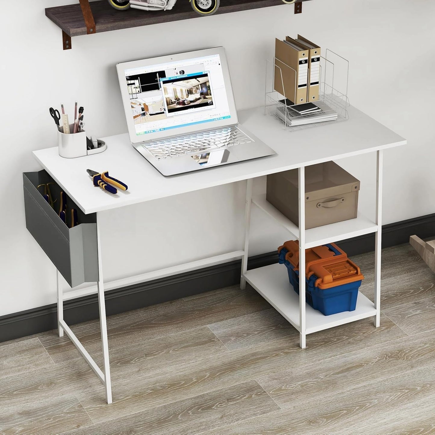 Small Computer Desk, 32 inch Bureau de Travail with 2 Tier Shelves, with Power Outlets Gaming Study Table, Wood Dressing Desks with Metal Frame, for Bedroom, Livingroom, Office White
