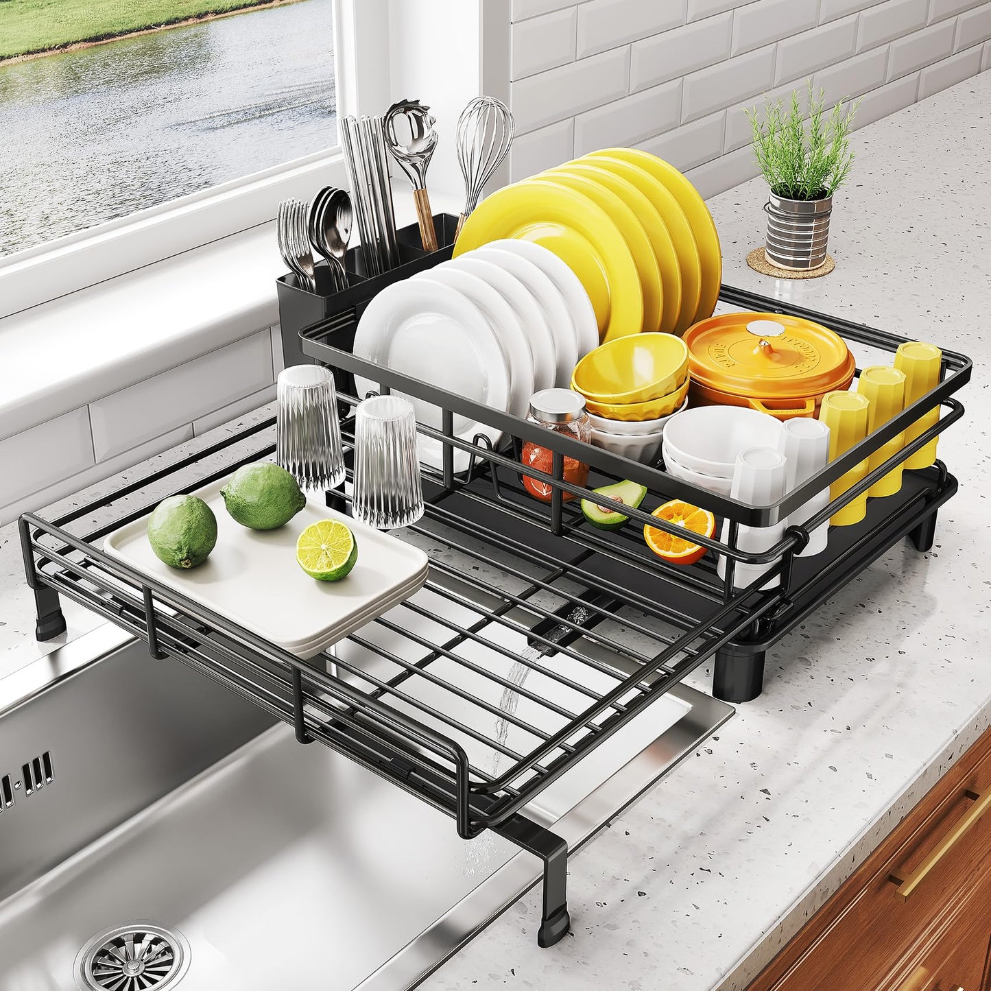 Dish Rack - Extendable Dish Rack, Large Sink Drying Rack for Countertop, Stainless Steel Dish Strainer with Utensil Holder (Black)