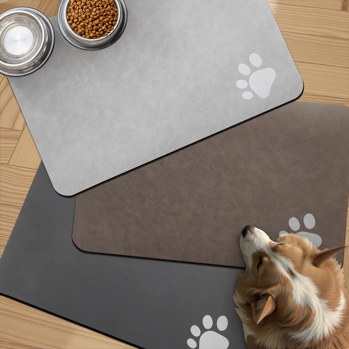 Dog Cat Food Mat Pet Bowl Mat Absorbent No Stains Quick Dry-Innovative Pet Supplies Dog Cat Accessories-Water Dispenser Mat for Messy Drinkers-Dark Grey with Paw Pattern 17"x34"