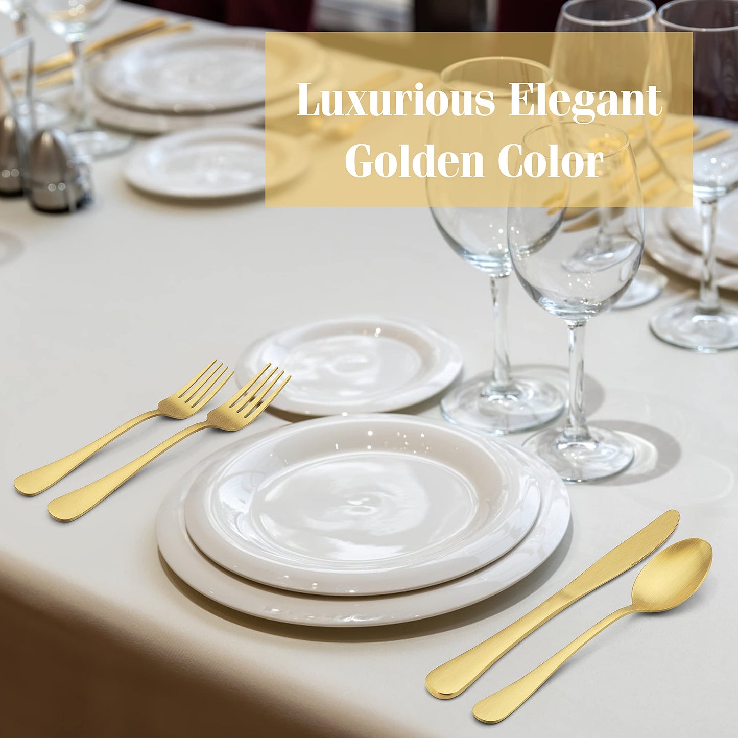 60-Piece Matte Gold Silverware Set, E-far Stainless Steel Flatware Cutlery Set Service for 12, Eating Utensils Tableware for Home Kitchen, Matte Finished & Dishwasher Safe, Simple Design