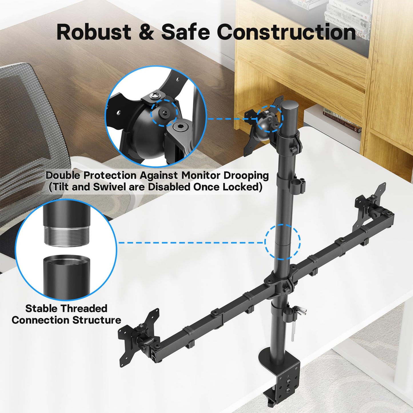 BONTEC Triple Monitor Desk Mount for One 32 Inch Screen and Two 27 inch Screens, Supports up to 22lbs, with Full Motion Adjustability, Two Installation Options and Integrated Cable Management, Black