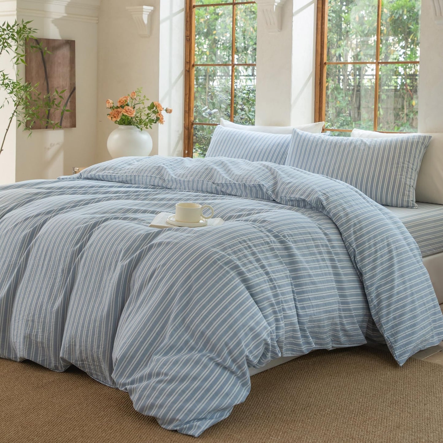BESTDESIL Luxury 100% Washed Cotton Linen Like Duvet Cover Set,3 Pcs Striped Duvet Cover with Zipper Closure(Strip-Cornflower Blue/White,Full Size)