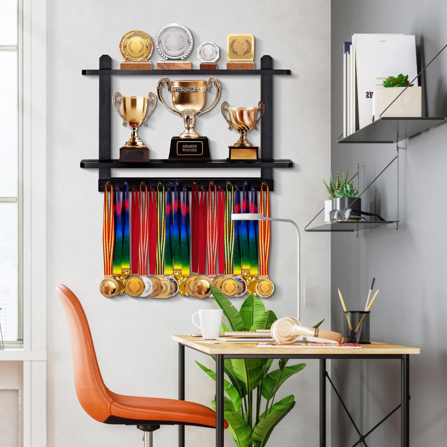 Lavievert Wooden Medal Hanger & Trophy Shelf, Wall-Mounted Race Medal Display with 2 Tier Storage Shelf, Medal Holder Trophy Rack with 19 Hanging Bars - Black