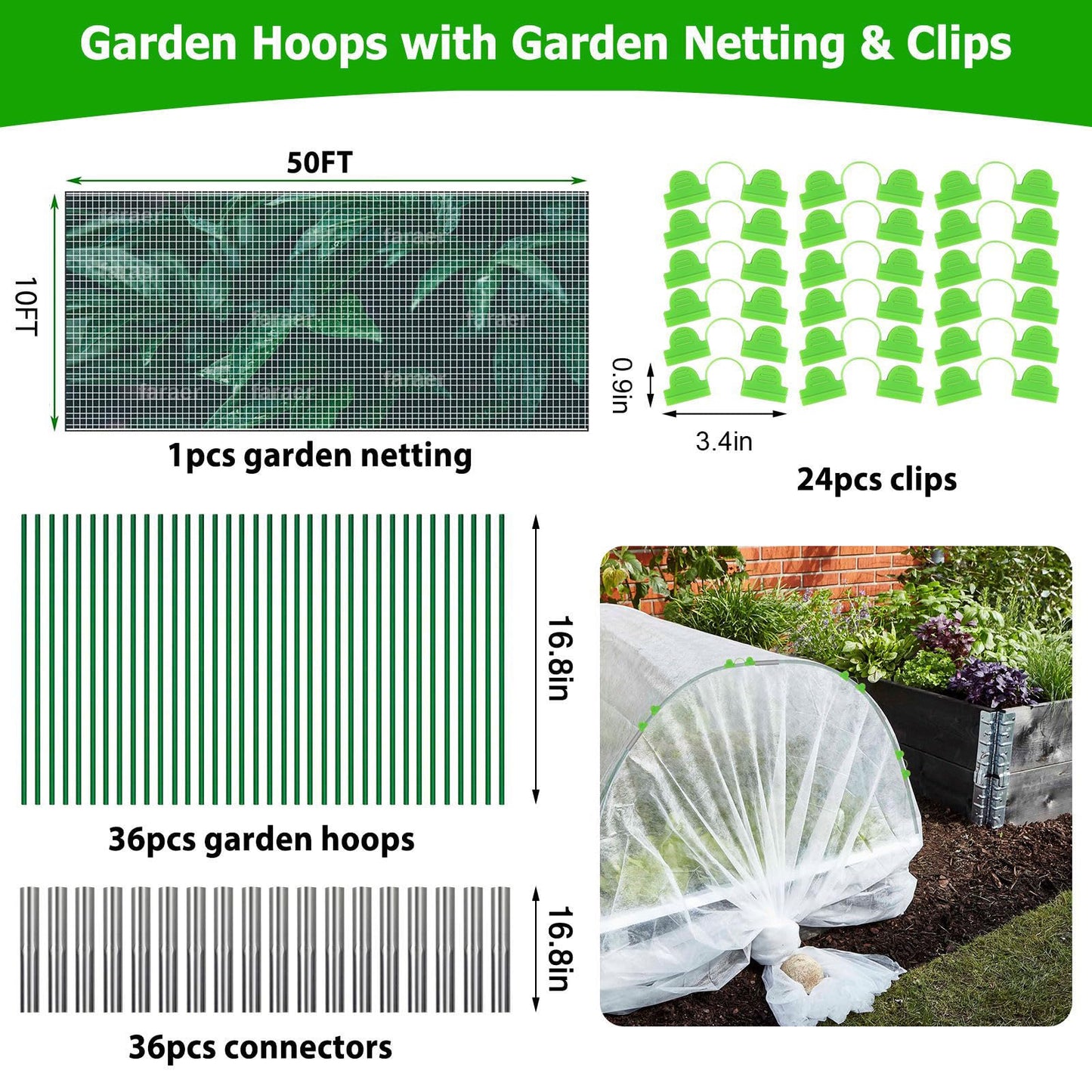 Garden Hoops and Netting for Raised Bed, 10x50ft Ultra Fine Mesh Garden Insect Netting Bug Net Pest Barrier, 36pcs 8ft Greenhouse Grow Tunnel Hoops Frame Bird Mosquito Netting for Garden Protection