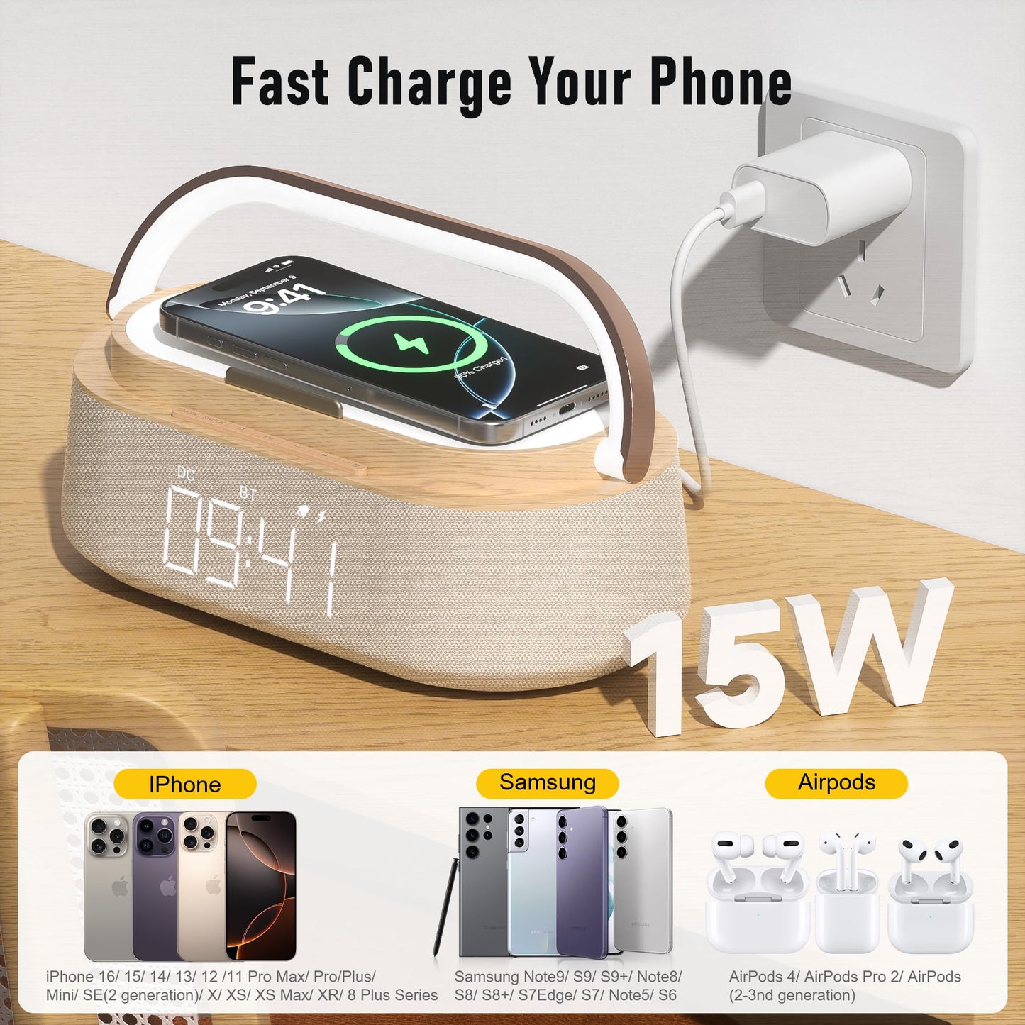FREEFISH 6-in-1 Alarm Clock with Bluetooth Speaker, Wireless Charging, FM Radio, Night Light, Phone Holder, Digital Clock, 15W Fast Charger for iPhone 16/15/14/13 Samsung, Bedroom Office Gift (Wood)