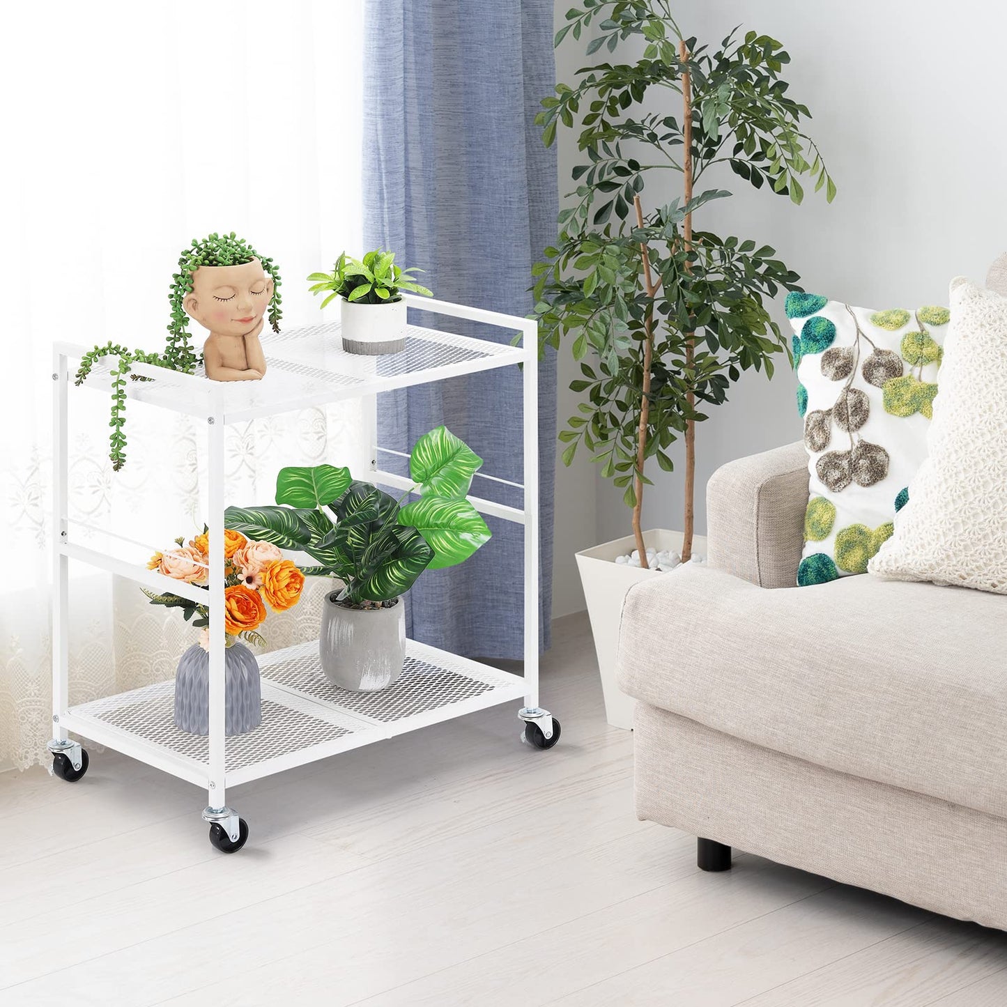 YBING Computer Tower Stand White PC Tower Stand 2 Tier CPU Holder Stand with Wheels Metal Mobile Computer Tower Cart Rolling PC Stand Floor for Fax Home Office