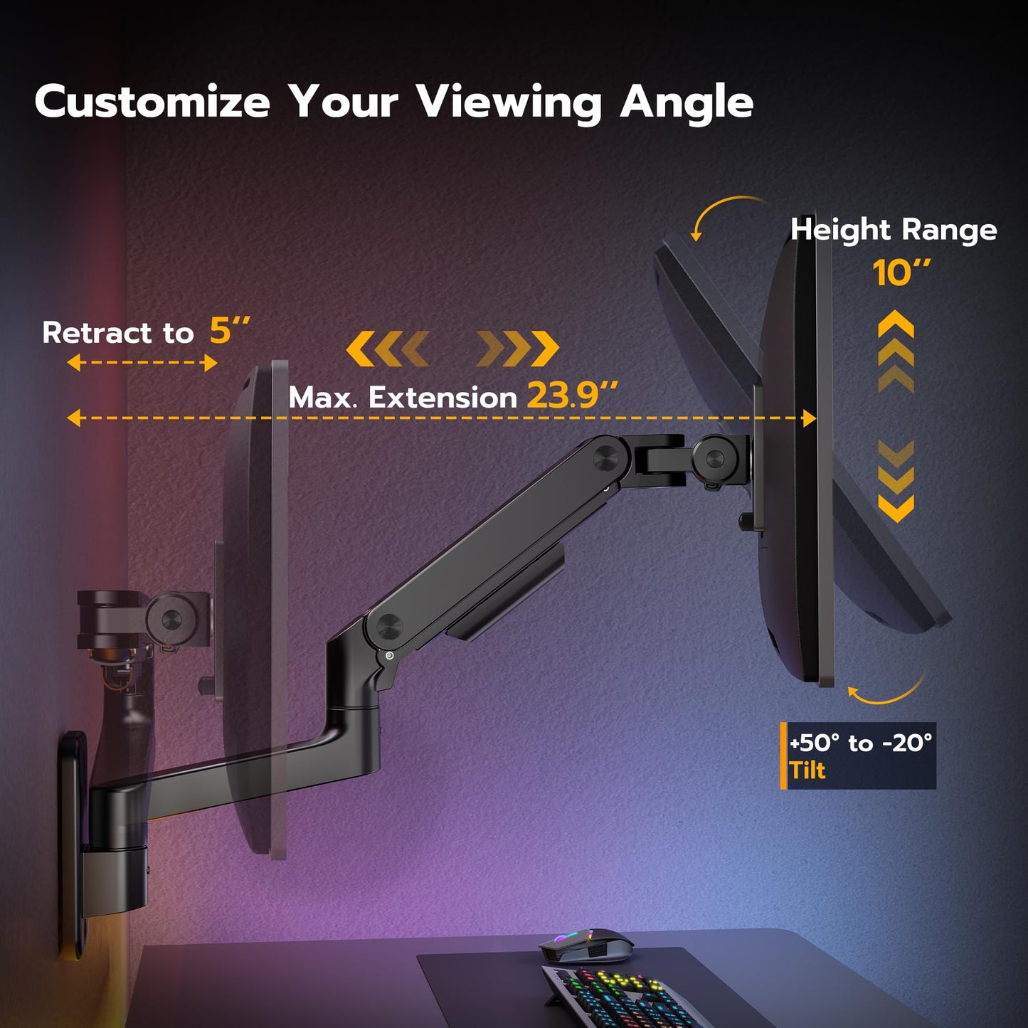 ARES WING Wall Mount Monitor Arm for 17-49 Inch Ultrawide Monitors, Heavy Duty Single Monitor Mount Holds 44 lbs, Fully Adjustable Gas Spring Arm Wall Mount, 75x75/100x100 VESA Mount, Black
