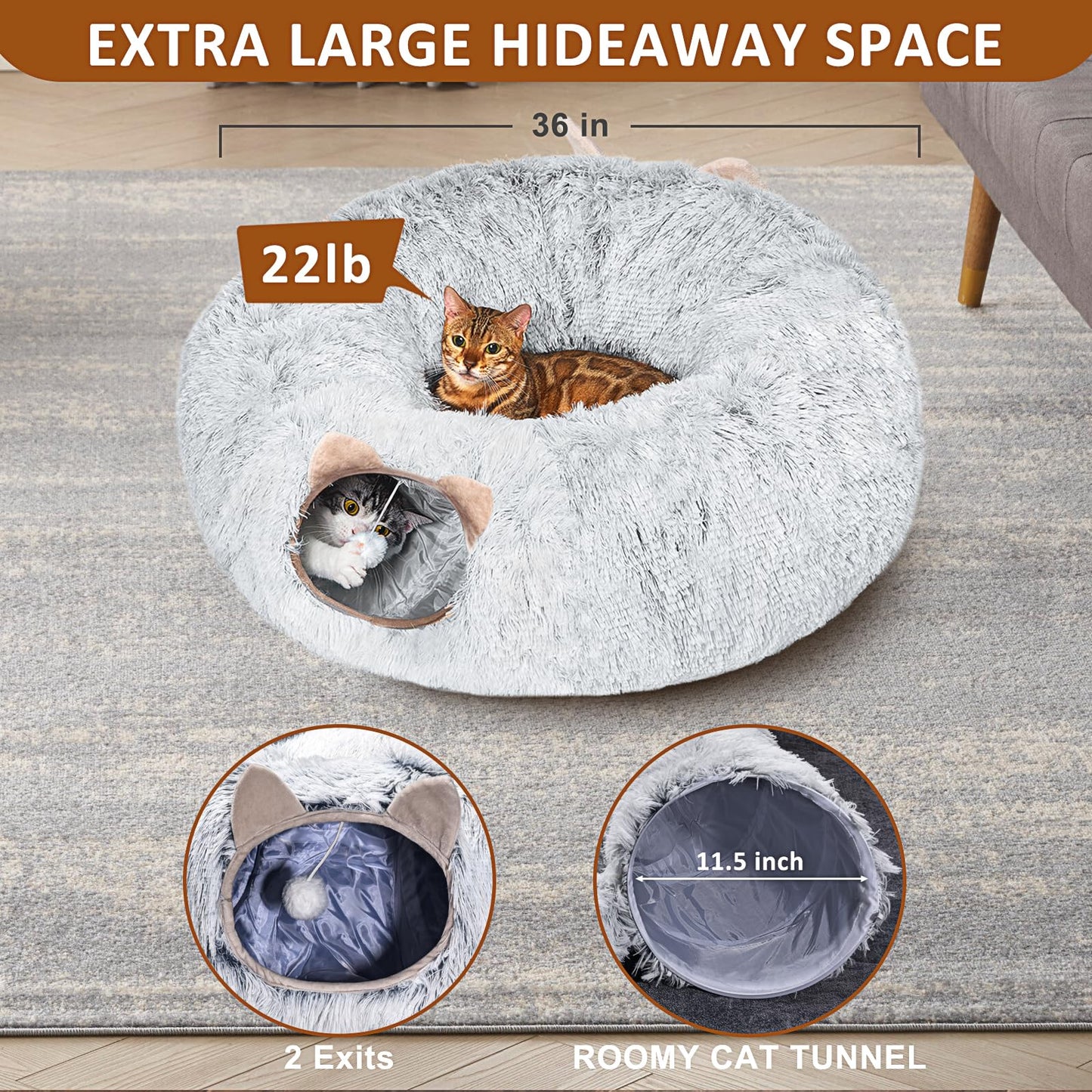 ZVBEK Cat Tunnel with Cat Bed for Indoor Cats, Under Christmas Tree Soft Plush Peekaboo Cat Cave Donut Tunnel, Multifunctional Cat Playground Toys Hideplace for Cats, Kittens, Rabbit, Ferret (Grey)
