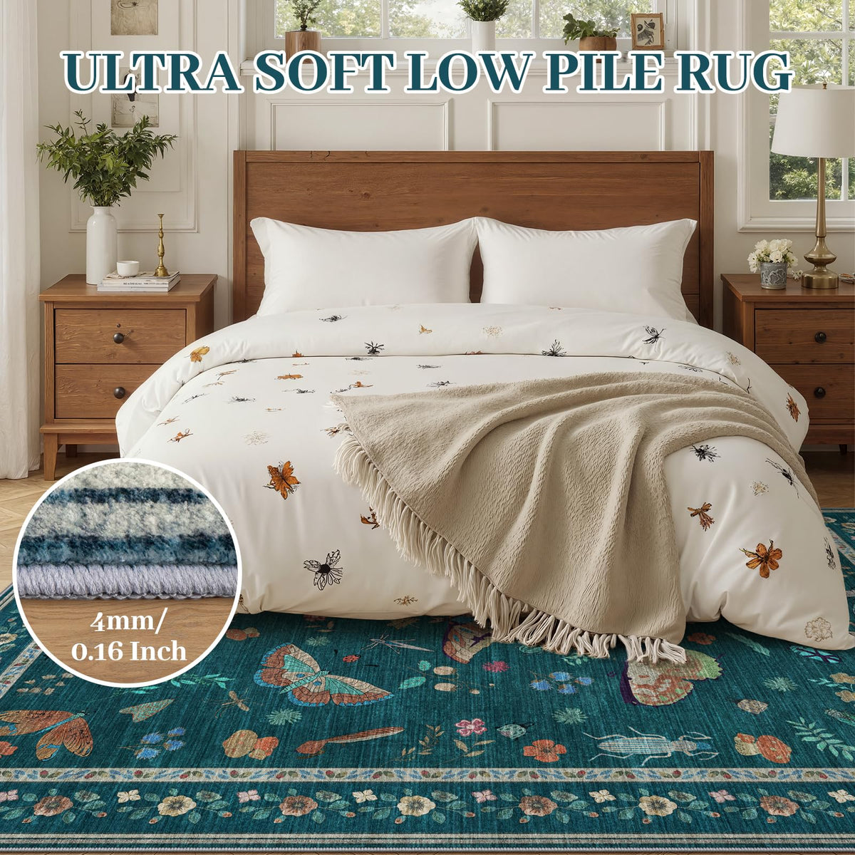 5x7 Washable Area Rug with Insect Print - Bug Rug Non-Shedding Stain Resistant Soft Carpet for Bedroom, Low Pile Ultra-Thin Machine Washable Carpet for Dining Room, Kids Nursery, Office (5'x7' Teal)