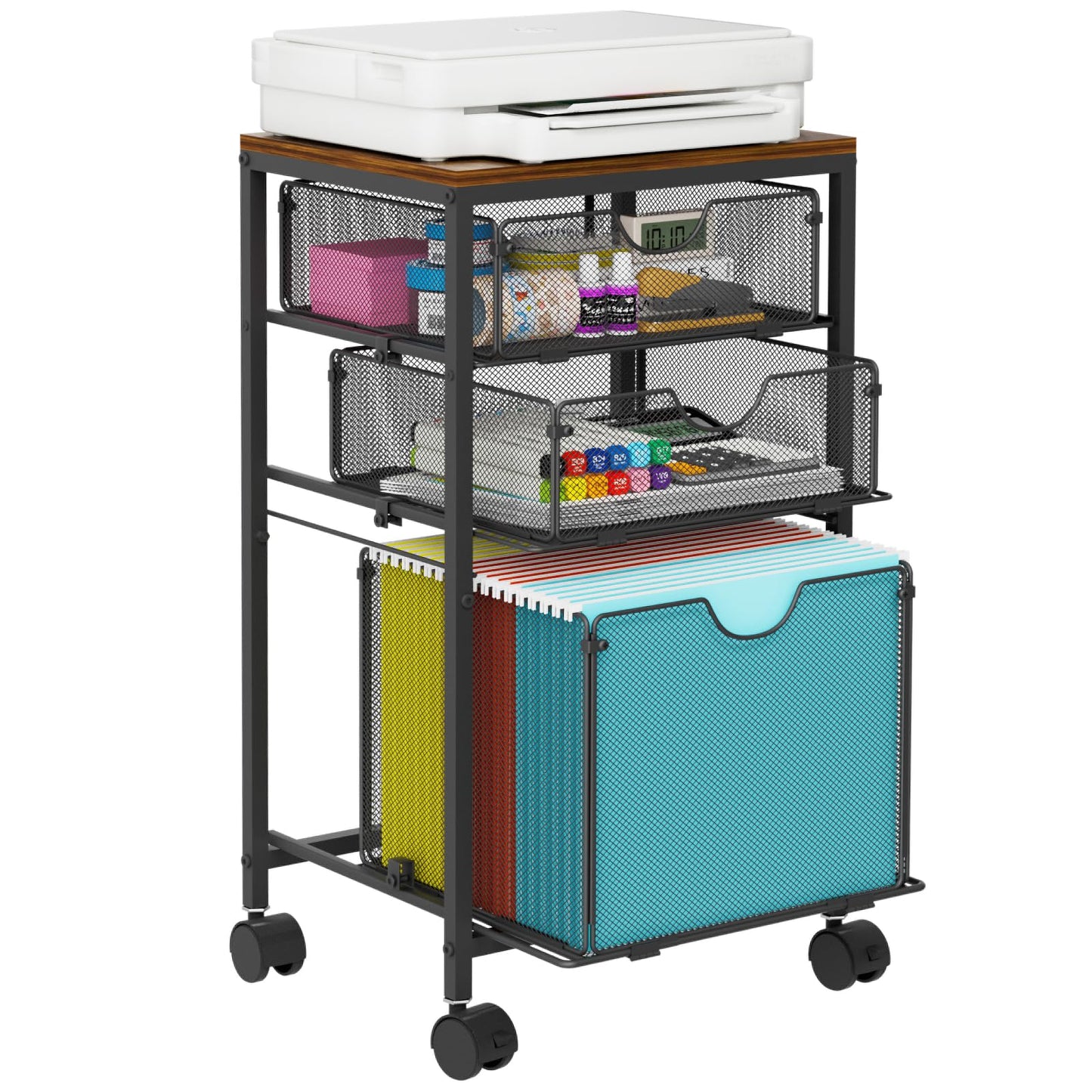 BOHDK Rolling File Cart with 3 Storage Drawers, Wood & Mesh Hanging File Folder Organizer with Wheels Under Desk, File Cabinets for Home Office, 11.81" D x 14.8" W x 25.39" H, Black