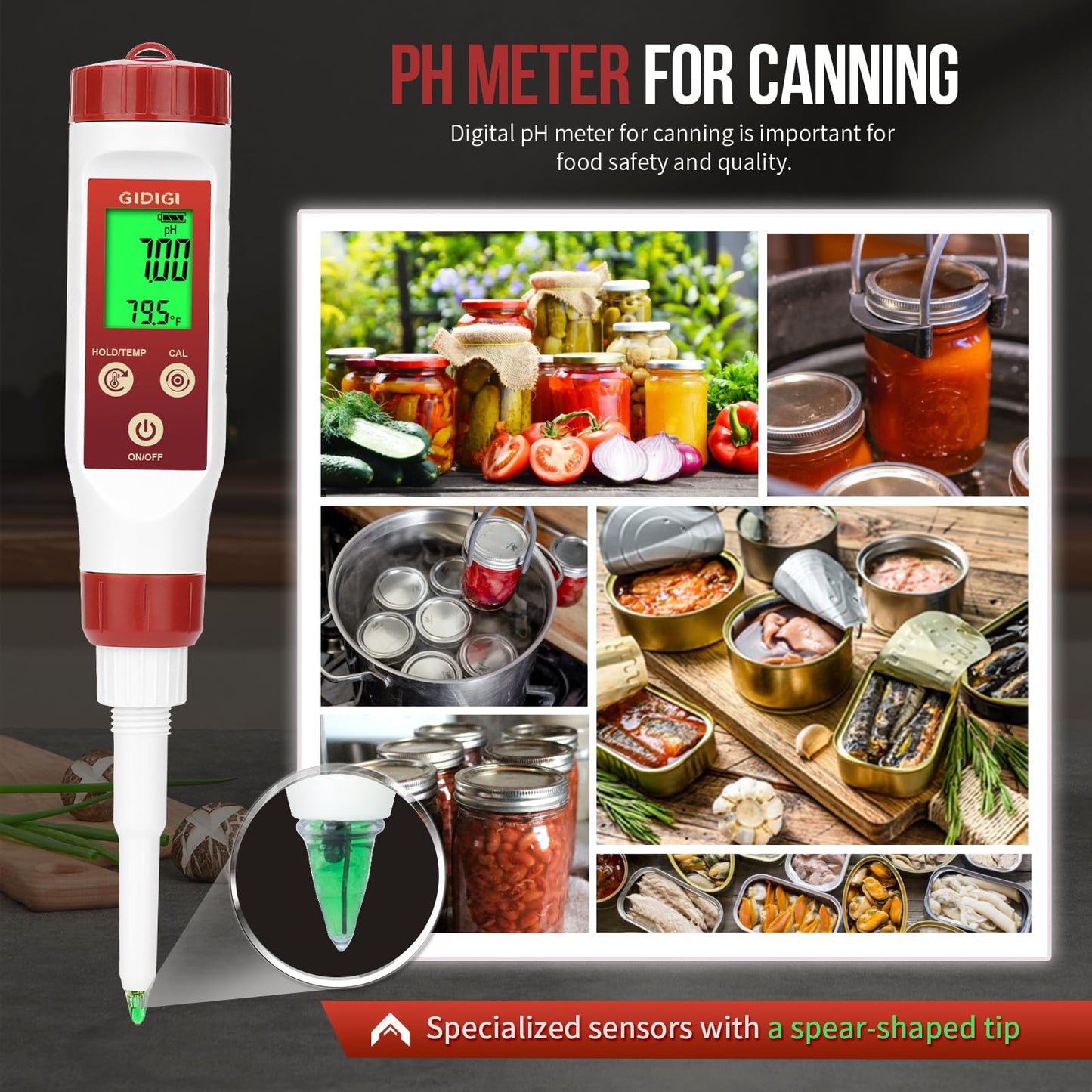 GIDIGI pH Meter for Food, Digital pH Meter for Fermentation, Hot Sauce, Canning, Spear Tip pH Pen Probe for Cheese, Cooking, Sourdough Bread, Saliva, Water Resistant Food pH Tester for Semi-Solid