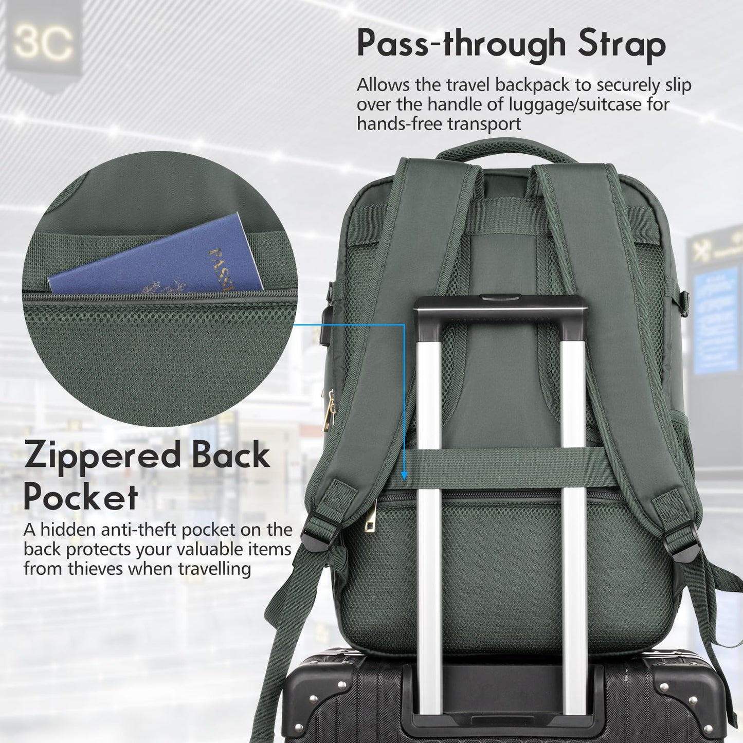 MOMUVO Large Travel Backpack Women, Flight Approved Carry On Backpack, Water Resistant Anti-Theft Casual Daypack School Bag,17.3 inch,Olive Green