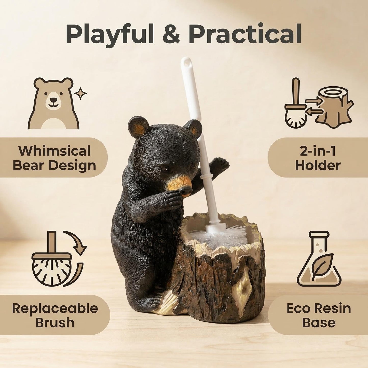 BGBWBFBR Whimsical Black Bear Toilet Brush Holder Set - Unique Cub Shape Decorative Bathroom Cleaning Kit for Cabin Owners, Bear-Themed Home Decor, Cozy Cabin Gifts