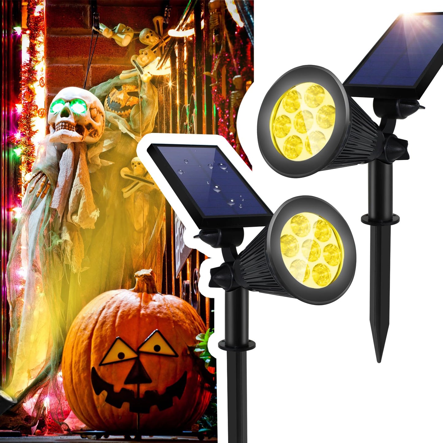 Solar Spotlights Outdoor Bright 7-LEDs Spot Light, Landscape Dusk-to-Down Waterproof Flagpole Lights Solar Powered, Adjustable Garden Lumiere Solaire Exterieur Spot for Halloween, Pathway(2pcs,Yellow)