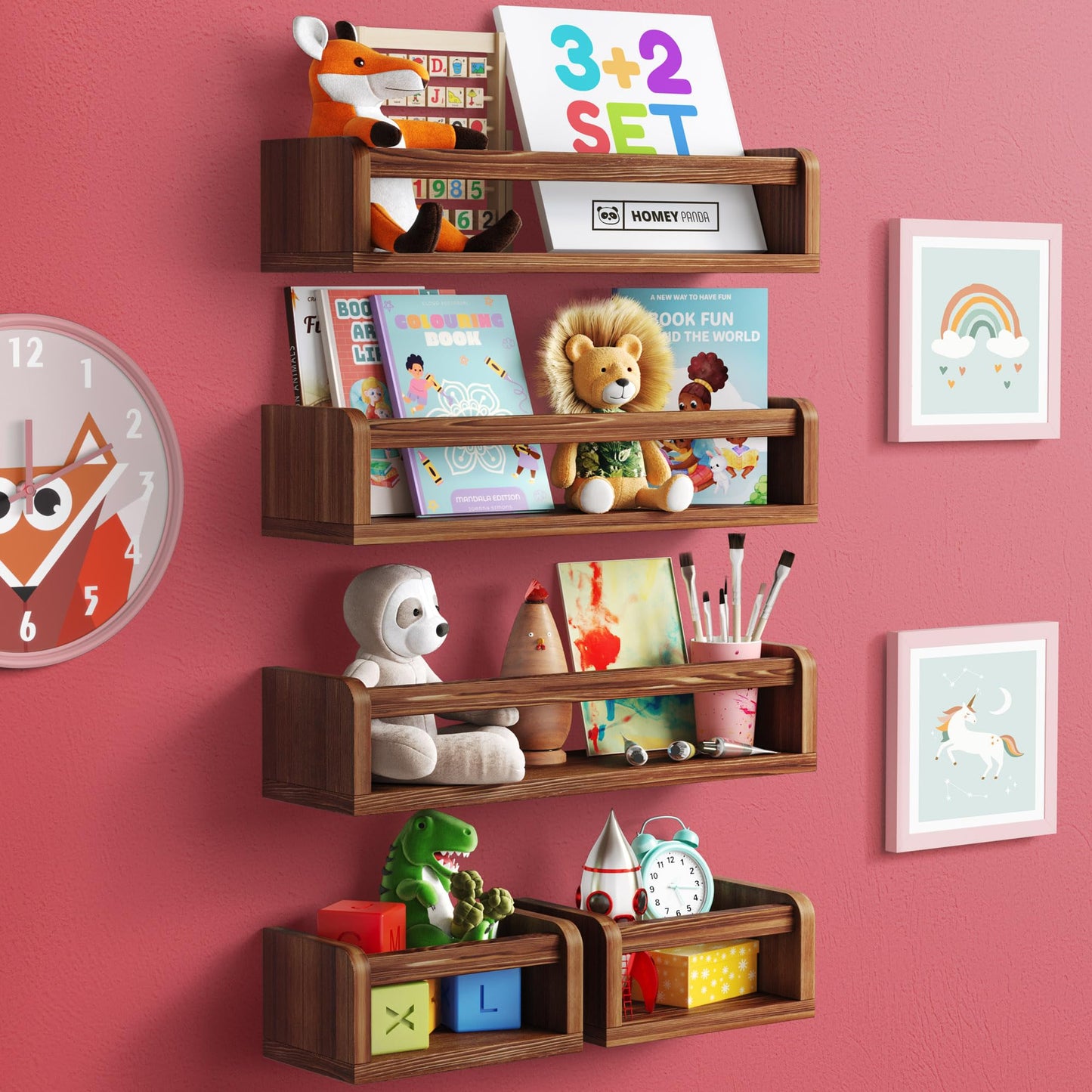 5-in-1 Floating Nursery Book Shelves for Wall (3 Long + 2 Mini) Solid Pine Wood Nursery Shelves, Wall Bookshelf for Kids Room, Toys & Books Display, Baby Shelf (Walnut)