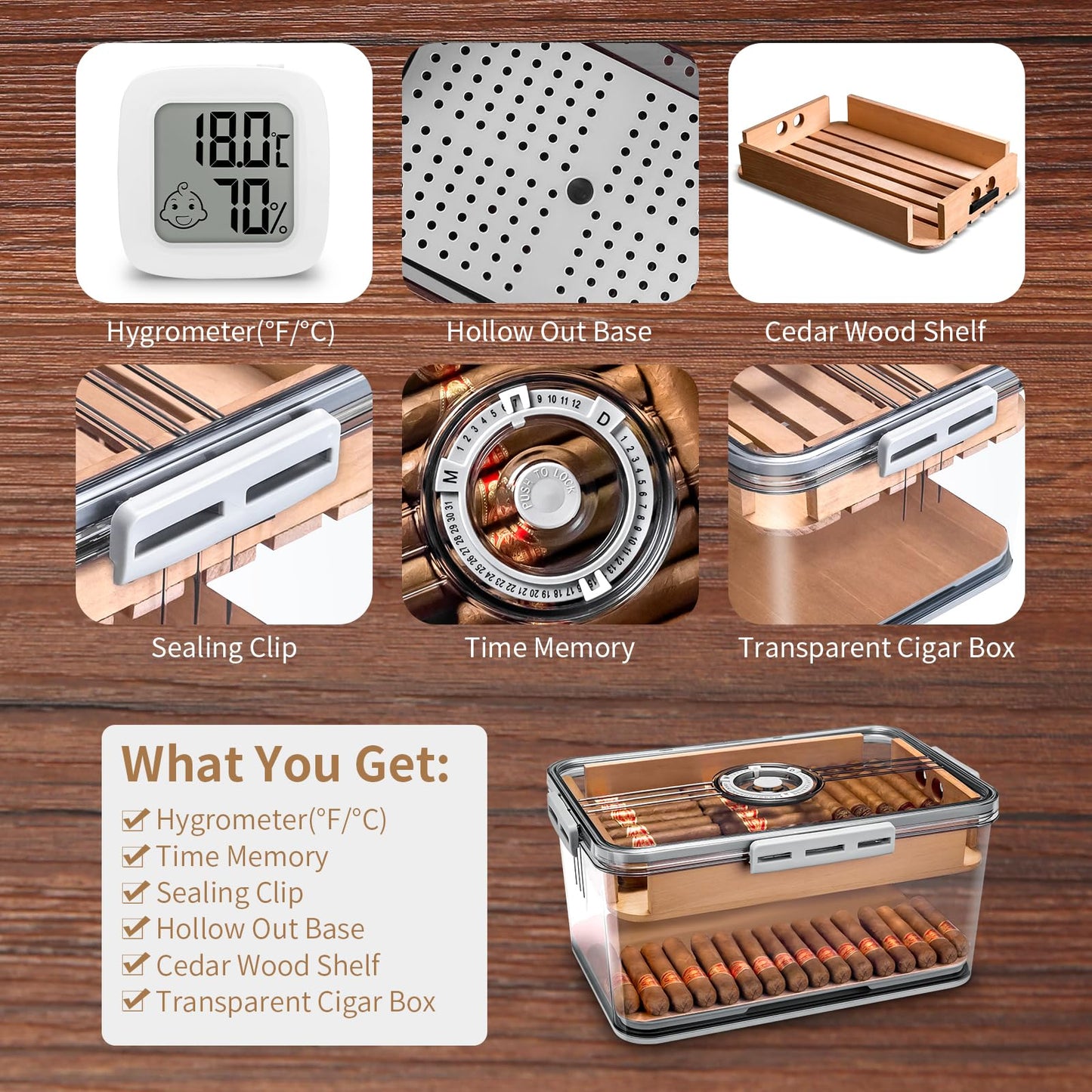 CIGARLOONG Cigar Humidor Large Accommodate 100 Cigars,Built-in Cedar Wood Shelf with High Precision Hygrometer Transparent Cigar Storage Box