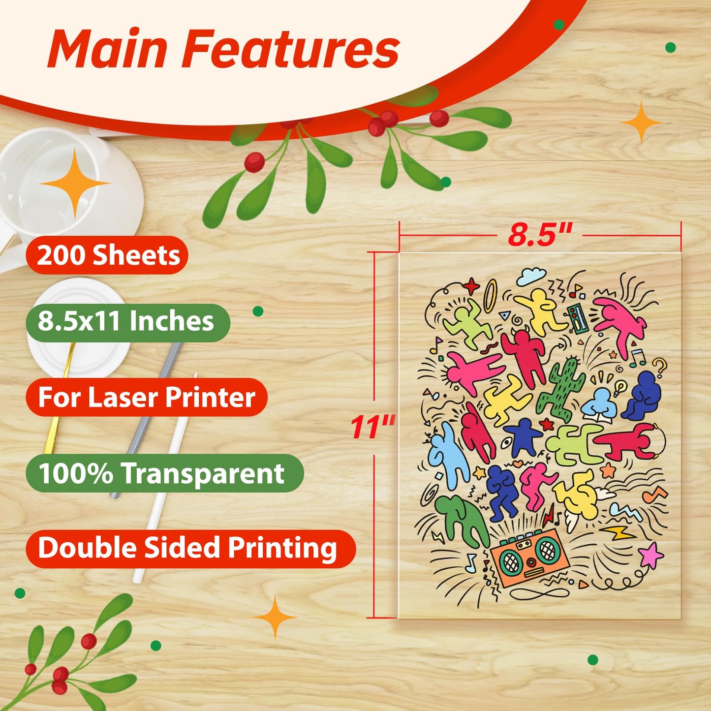 Uinkit 200 Sheets Laser Transparency Film 8.5x11 Color Transparent Paper OHP Clear Overhead Projector Film 8.5x11 for Laser Jet Printer Copier Copy Copies Photo (8.5x11-200Sheets)