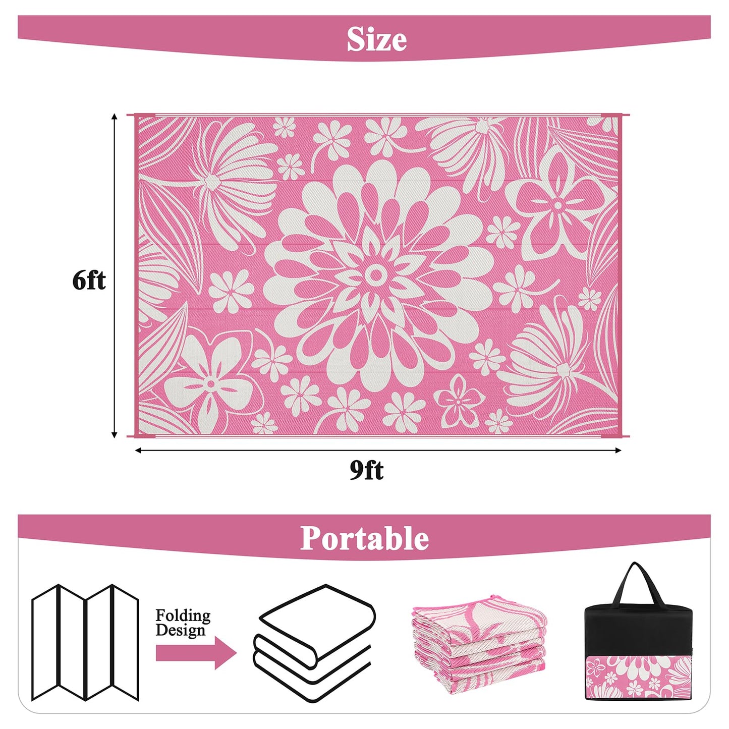 Ileading Outdoor Plastic Straw Rug 6x9ft Funny Floral Style Reversible Patio Area Rugs Waterproof Non Shedding Portable Carpets for Rv Outside Deck Pool Beach Picnic Camping (Pink)