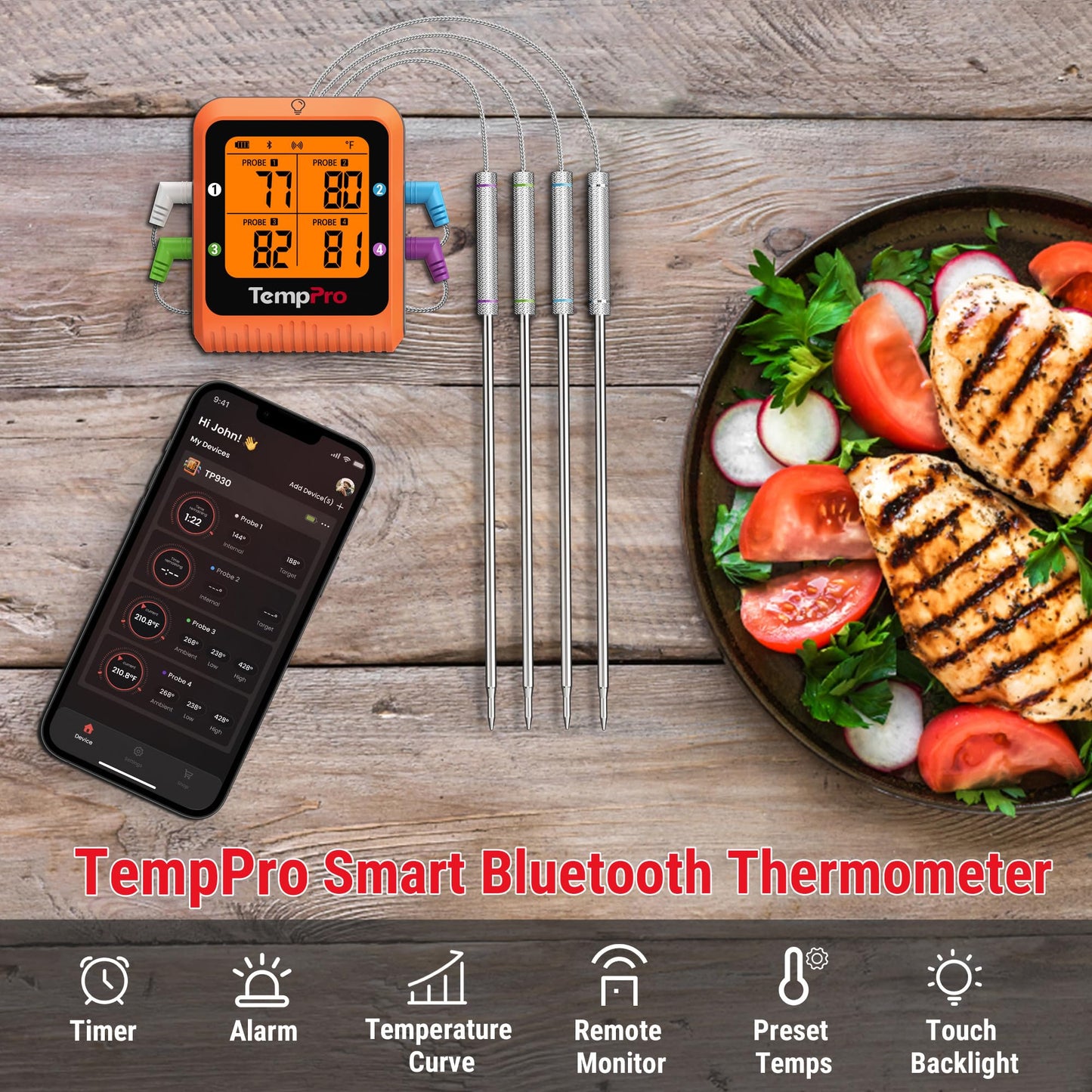 ThermoPro TP930 650FT Wireless Meat Thermometer, Bluetooth Meat Thermometer with 4 Color-Coded Meat Probes, Grill Thermometer with Timer, Smart Meat Thermometer Wireless for BBQ Oven Smoker