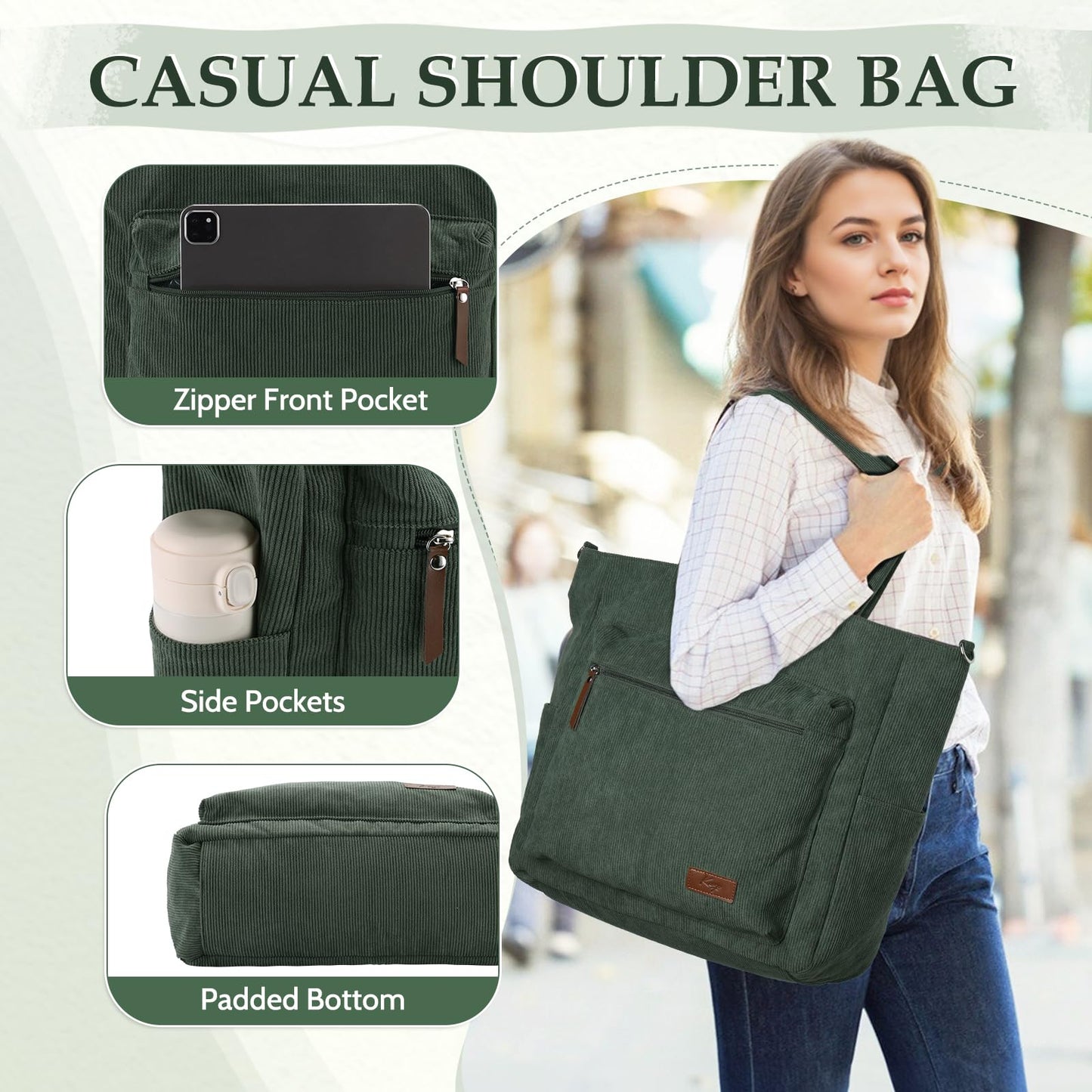 Kasqo Corduroy Tote Bag for Women, Extra Large Zippered Crossbody Shoulder Purse with 15.6" Laptop Compartment for Work Travel School College, Army Green