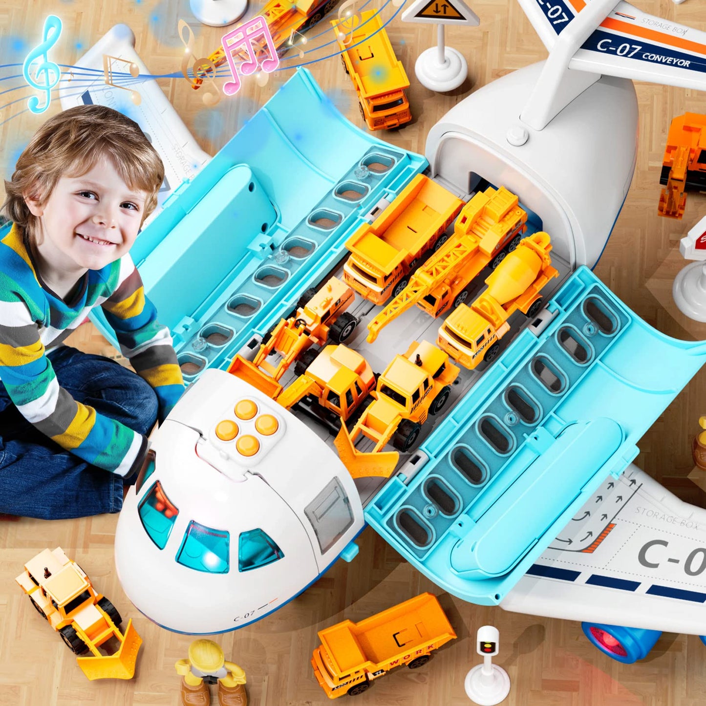 Transport Cargo Airplane, Large Theme Airplane Toy Set,Educational Toy Vehicle Play Set with Smoke, Sound and Light, Fricton Powered Airplane with Mini Cars, Birthday Gift for Boys and Girls