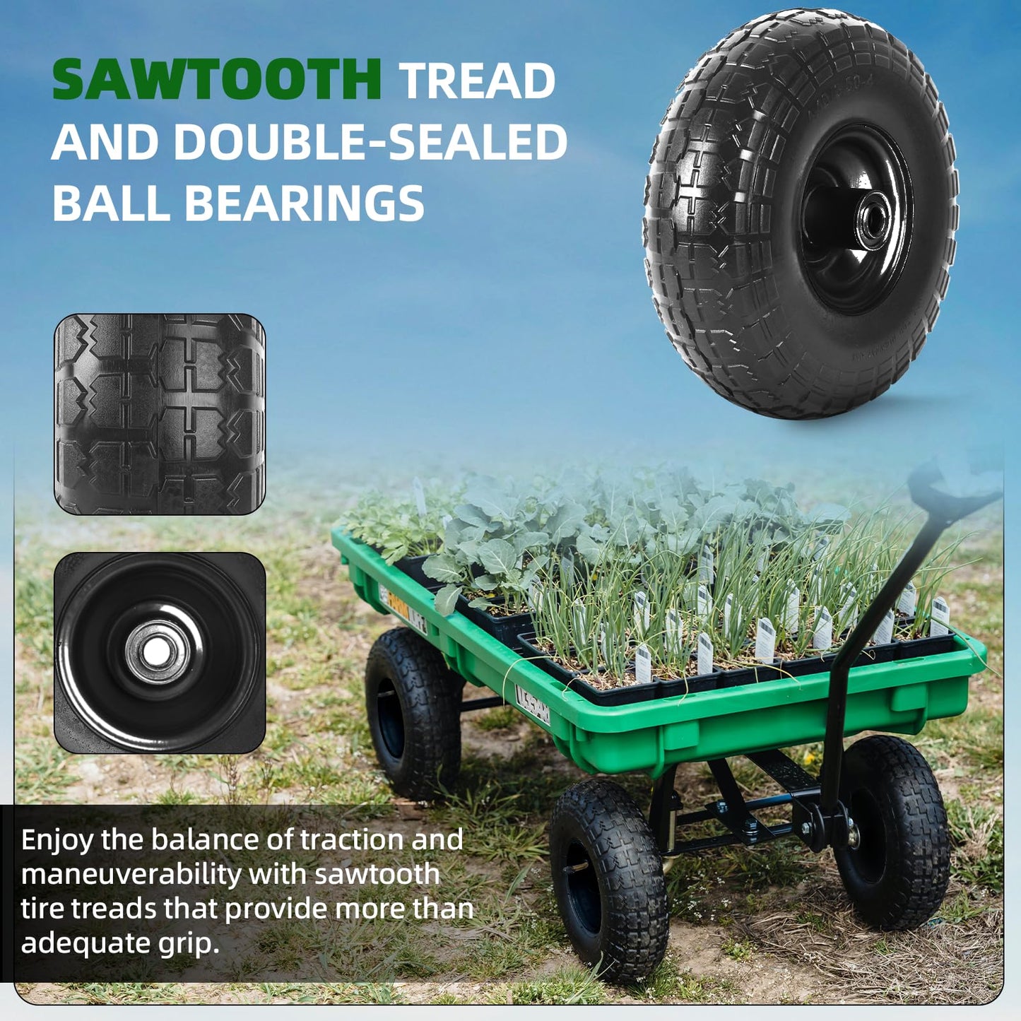AR-PRO (2 Pack) 4.10/3.50-4 Flat Free Tire and Wheel, 10-Inches Solid Tires for Wheelbarrow, Dolly, Hand Truck, Wagon, Garden Cart, Generator Wheels Replacement - 5/8" Bearings, 2.2" Offset Hub