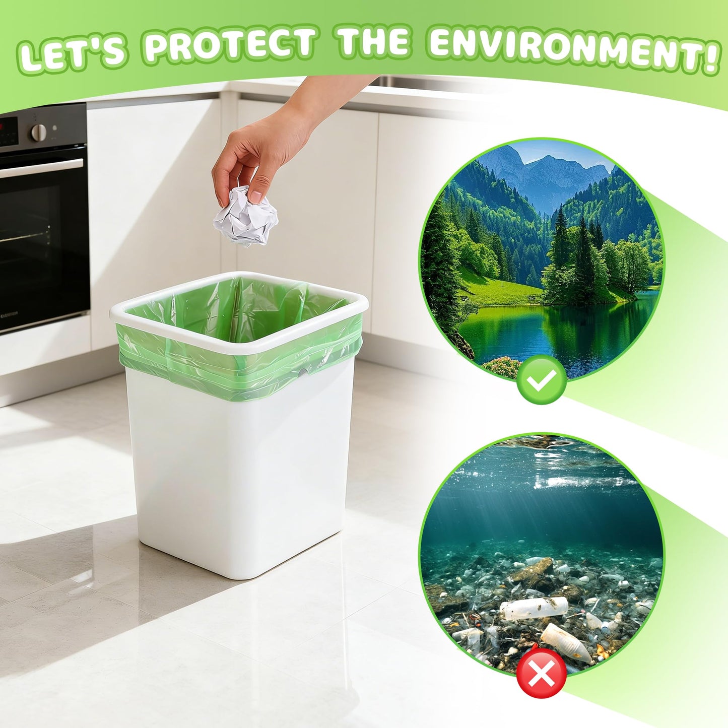 13 Gallon Drawstring Compostable Barabge Bags, 50L Biodegradable Trash Bags 108 Count, Thick Leak-Proof Kitchen Recycling Bags for Home Bathroom Office Outdoor