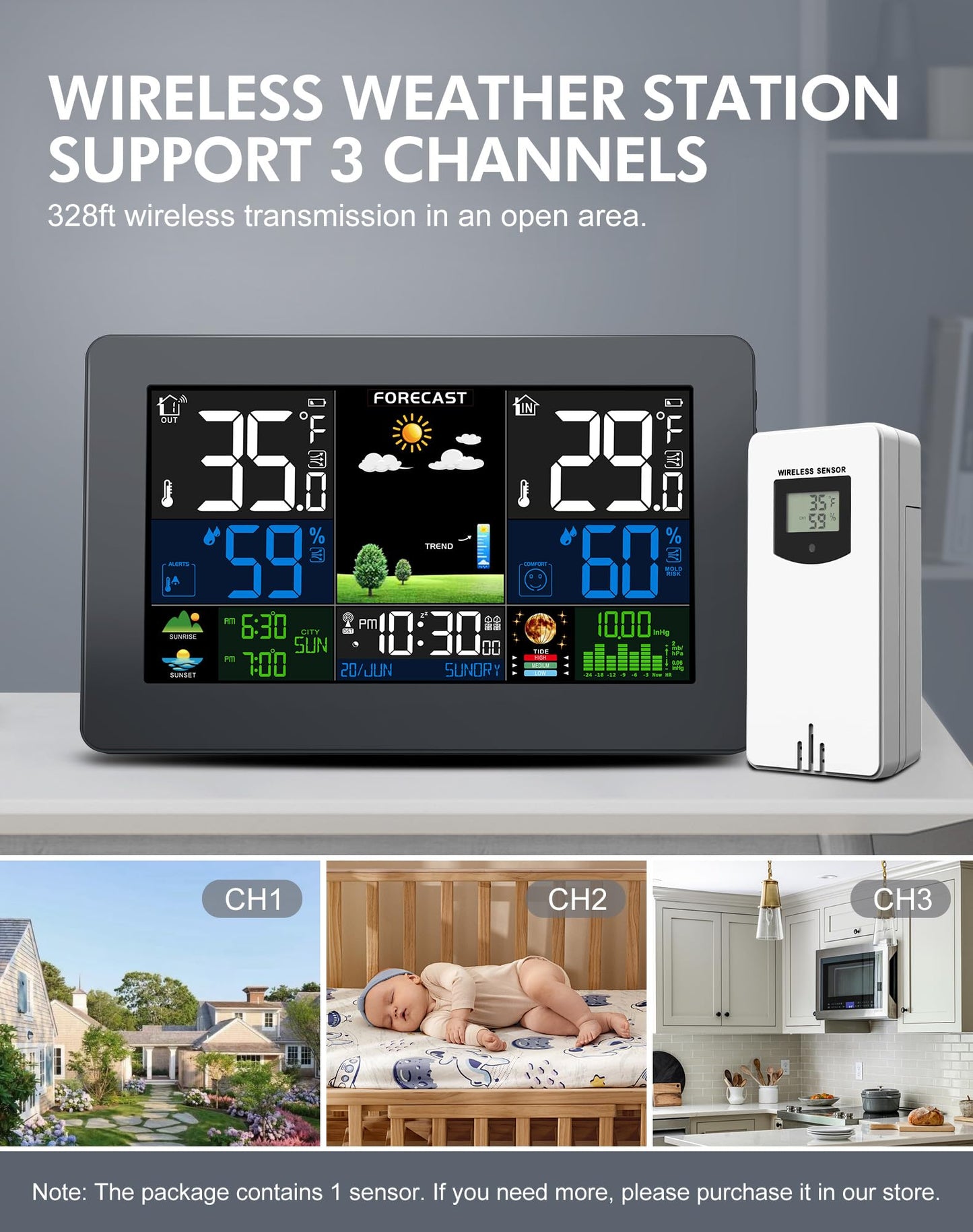 Weather Station Wireless Indoor Outdoor Thermometer, Digital Thermometer with Remote Sensor, Large Display Home Weather Station with Weather Forecast, Barometric Pressure, Moon Phase