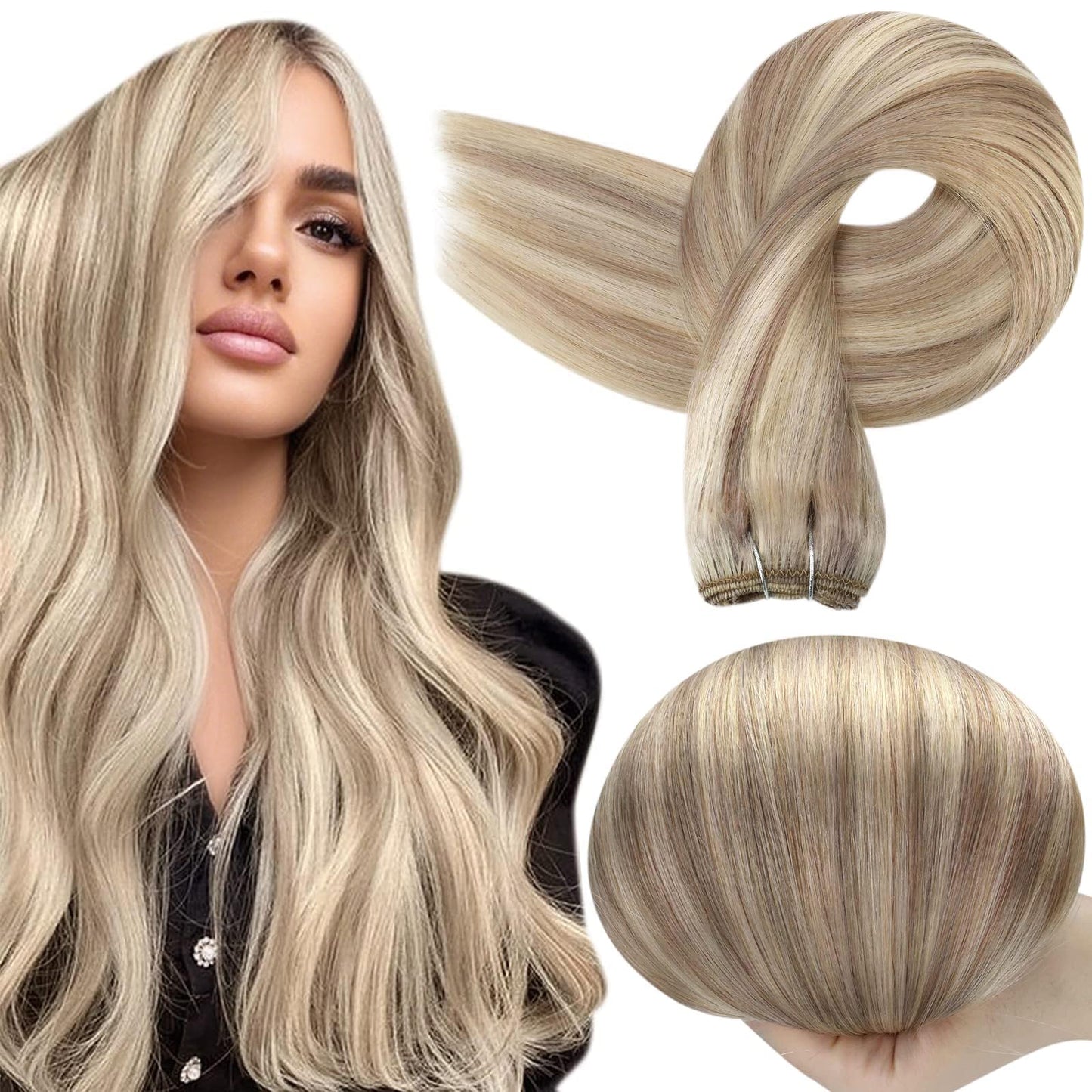 Full Shine Weft Hair Extensions Ash Blonde Hair Wefts Human Hair Sew in Blonde Highlight Human Hair Weft Extensions Full Ends Double Sew in Remy Hair Extensions 20 Inch 105g #18/613