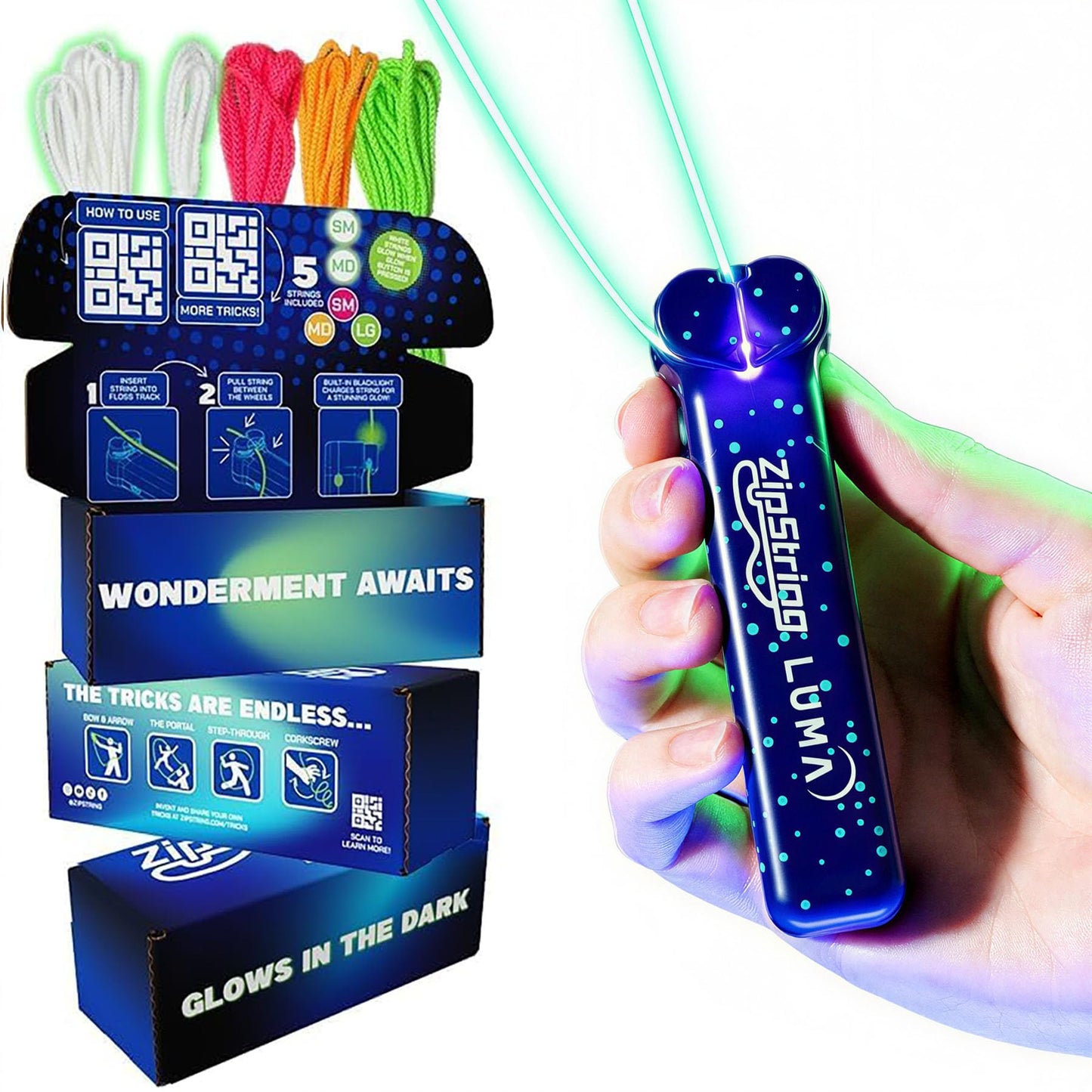 ZipString Luma - The Patented Glow-in-The-Dark Toy That Flies a Loop of String, Creates Endless Shapes and Tricks. Built-in LED for Glowing Fun. Perfect STEM Gift for Kids & Adults. Wonderment Awaits