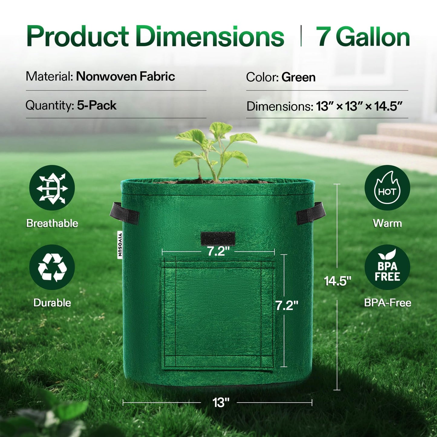 VIVOSUN 5-Pack 7 Gallon Potato Grow Bags with Handles, Non-Woven Fabric Bags for Carrots Tomato