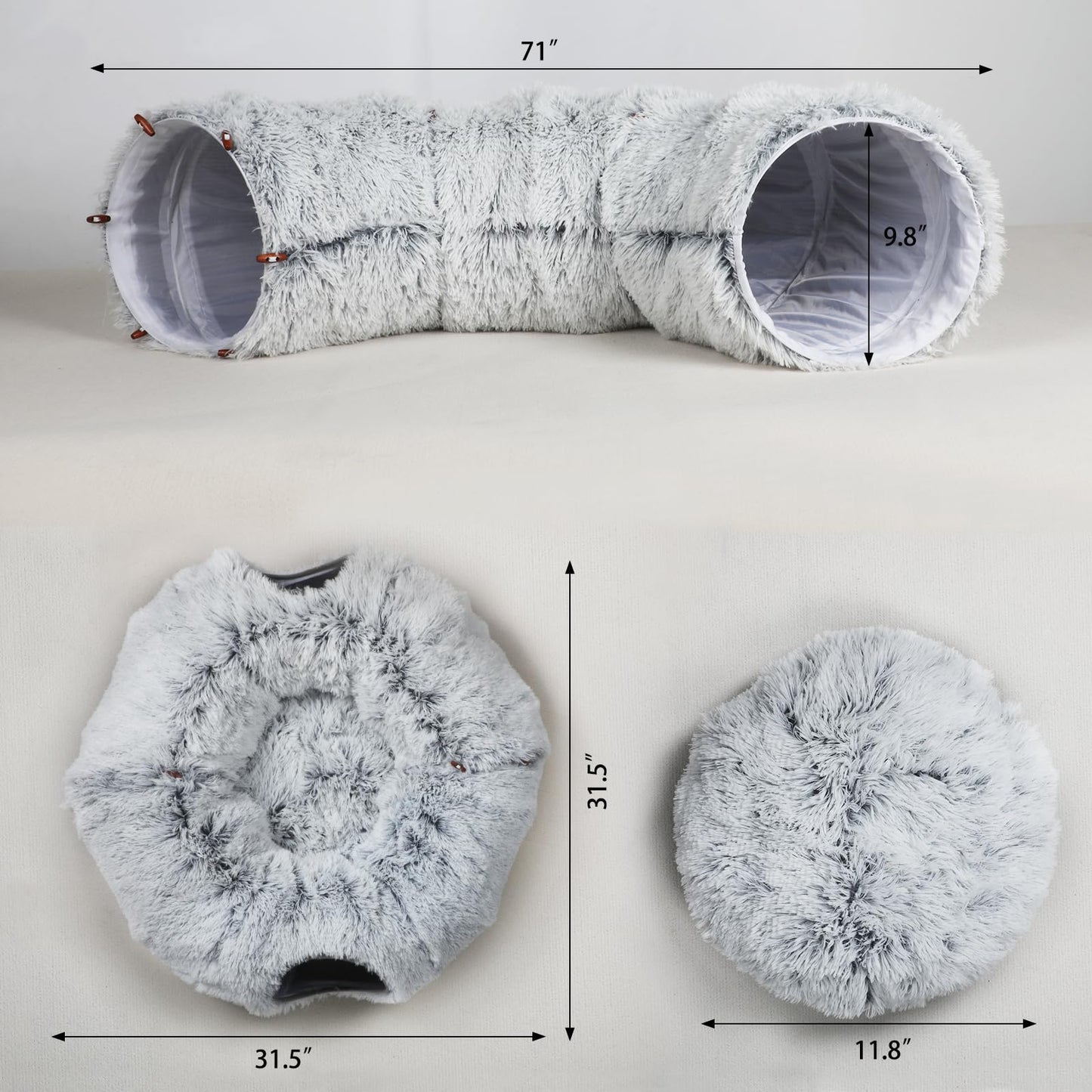 Lonepetu Cat Tunnel Bed for Indoor Cats, Warm Plush Collapsible Cat Donut Tunnel with Central Mat, Fluffy Cat Cave Tube with Hanging Ball for Cat Kitten Rabbit Puppy Ferret