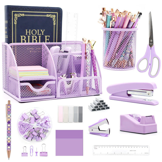 12 in 1 Purple Desk Organizers and Accessories Set, Gifts for Coworkers, Office Supplies, Stapler, Pen Holder, Tape Holder, Staples, Scissors