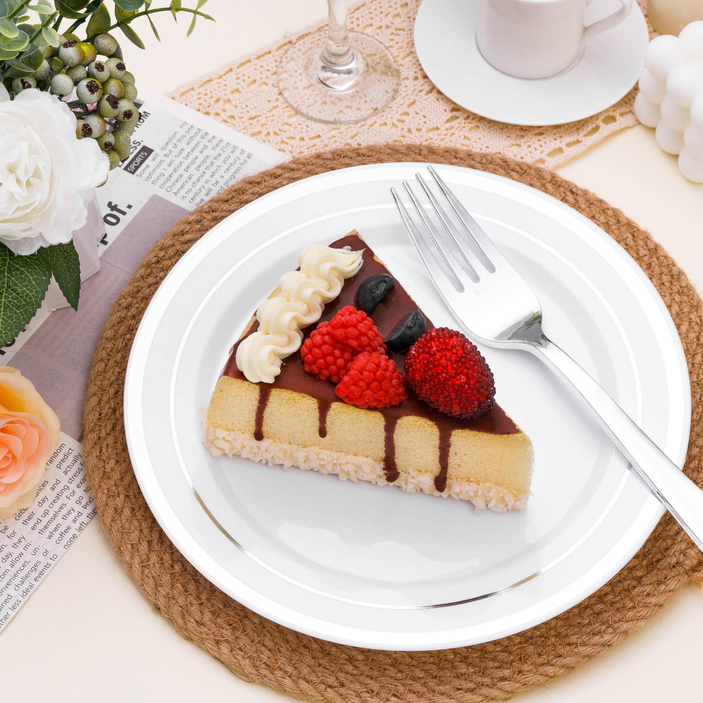 BESTSTAR 7 Inch White Plastic Plates,100PCS Disposable Dessert/Appetizer/Small Cake Plates with Silver Rim,Heavy Duty Plate Ideal for Wedding and Birthday