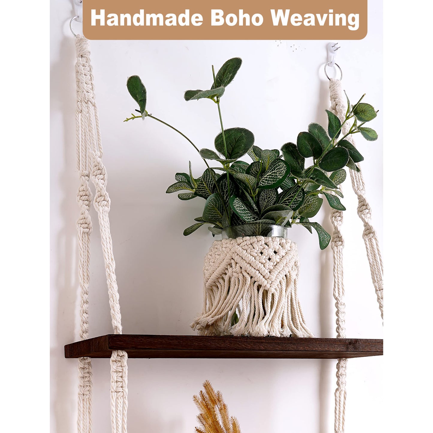Easever Hanging Shelves, 3-Tier Rustic Plant Shelves, Macrame Wall Hanging Storage, Boho Room Decor for Apartment, Bathroom, Living Room, Bedroom