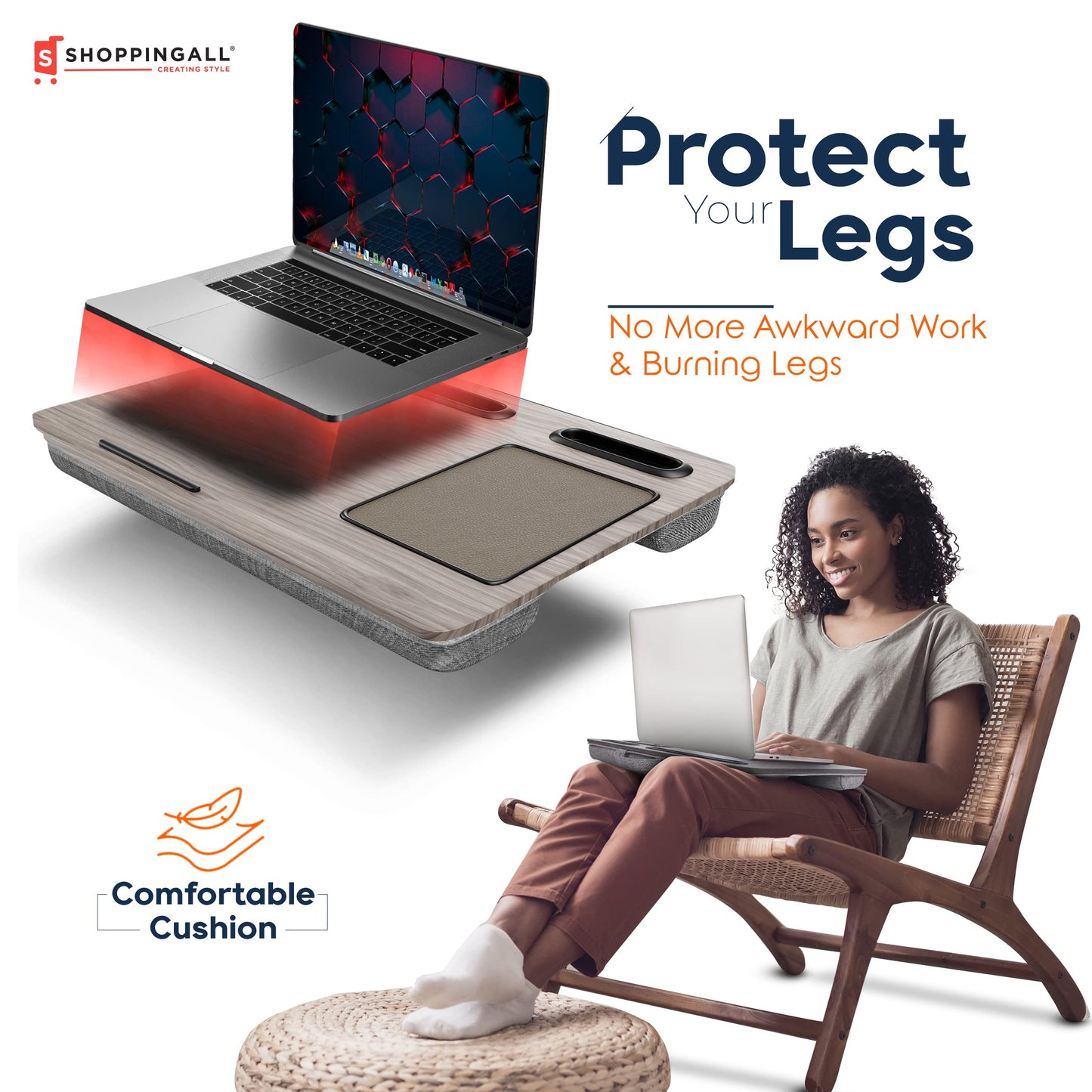 SHOPPINGALL Lap Desk Portable Laptop Stand Desk Fits up to 17" Laptop with Cushion Mouse Pad, Tablet & Cellphone Holder Slot for Sofa Couch & Bed, Home & Office Portable Desk - SA-BR182-Gray