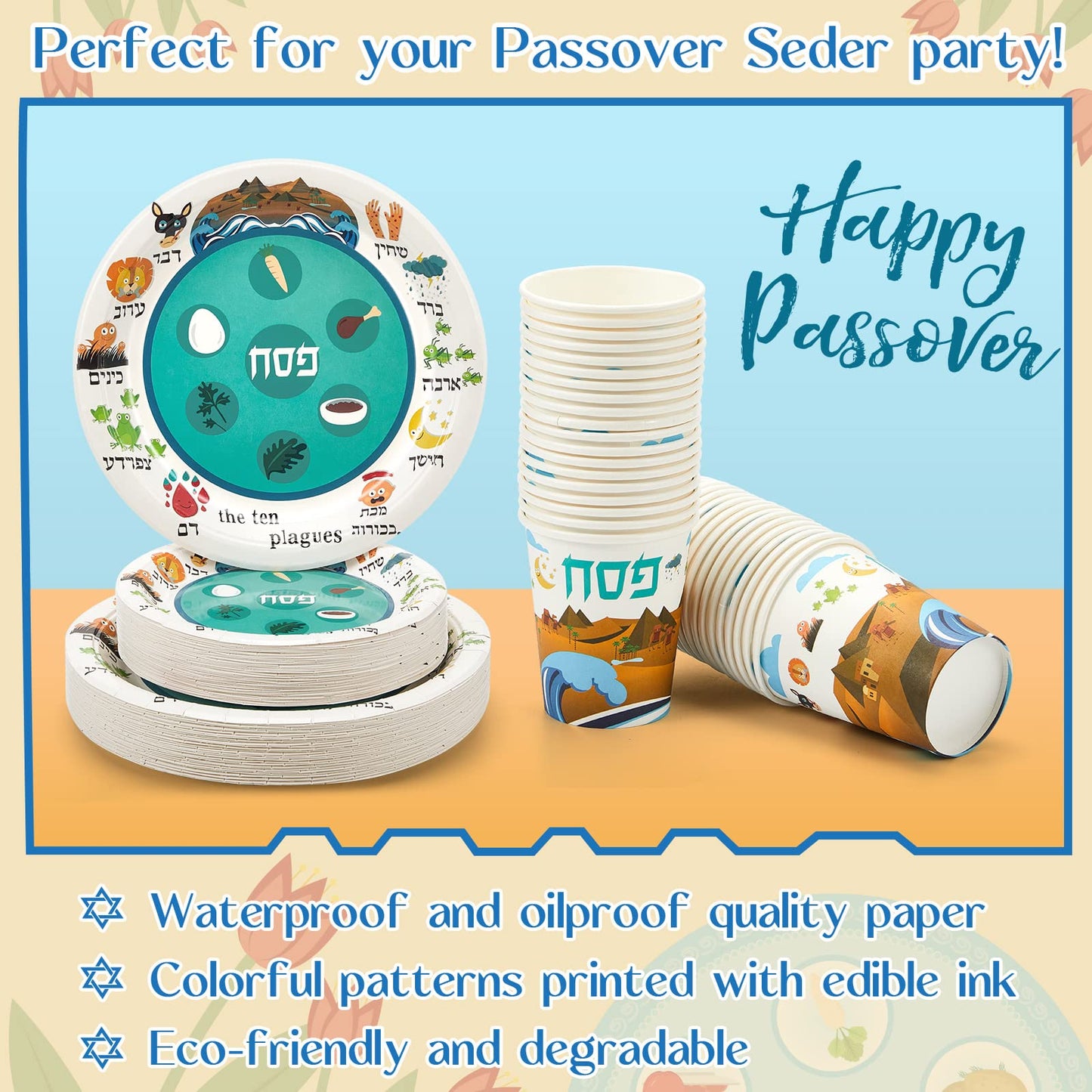 Tessco for you 120 Pcs Disposable Passover Tableware Set Seder Paper Plate and Cups Serve 40 People 9" 7" Pesach Green and White Plates Cups for Passover Party Supplies Kitchen Decorations