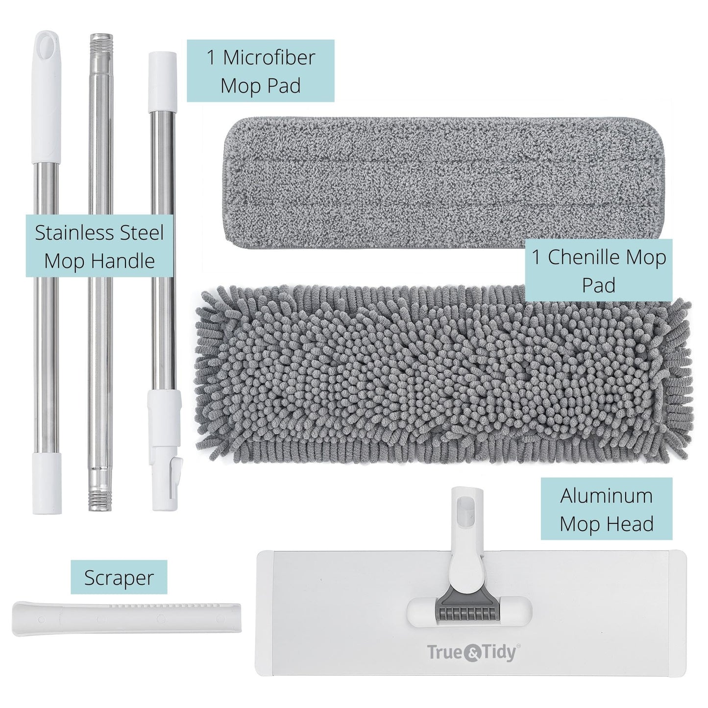 True & Tidy SWEEP-180A Heavy Duty Wet and Dry Sweeper Dust Mop, Includes 1 Microfiber and 1 Chenille Mop Pad, Aluminum Mop Head, for All Types of Floors