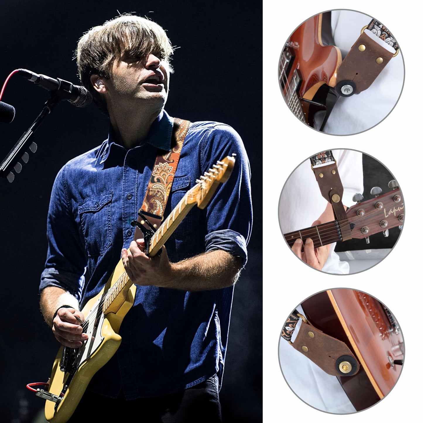 Nefelibata Guitar Strap,Crazy Horse Leather Jacquard Embroidery Cotton Guitar Straps for Bass, Electric & Acoustic, Best Gifts for Guitarists(Golden Silk Brown Flower)