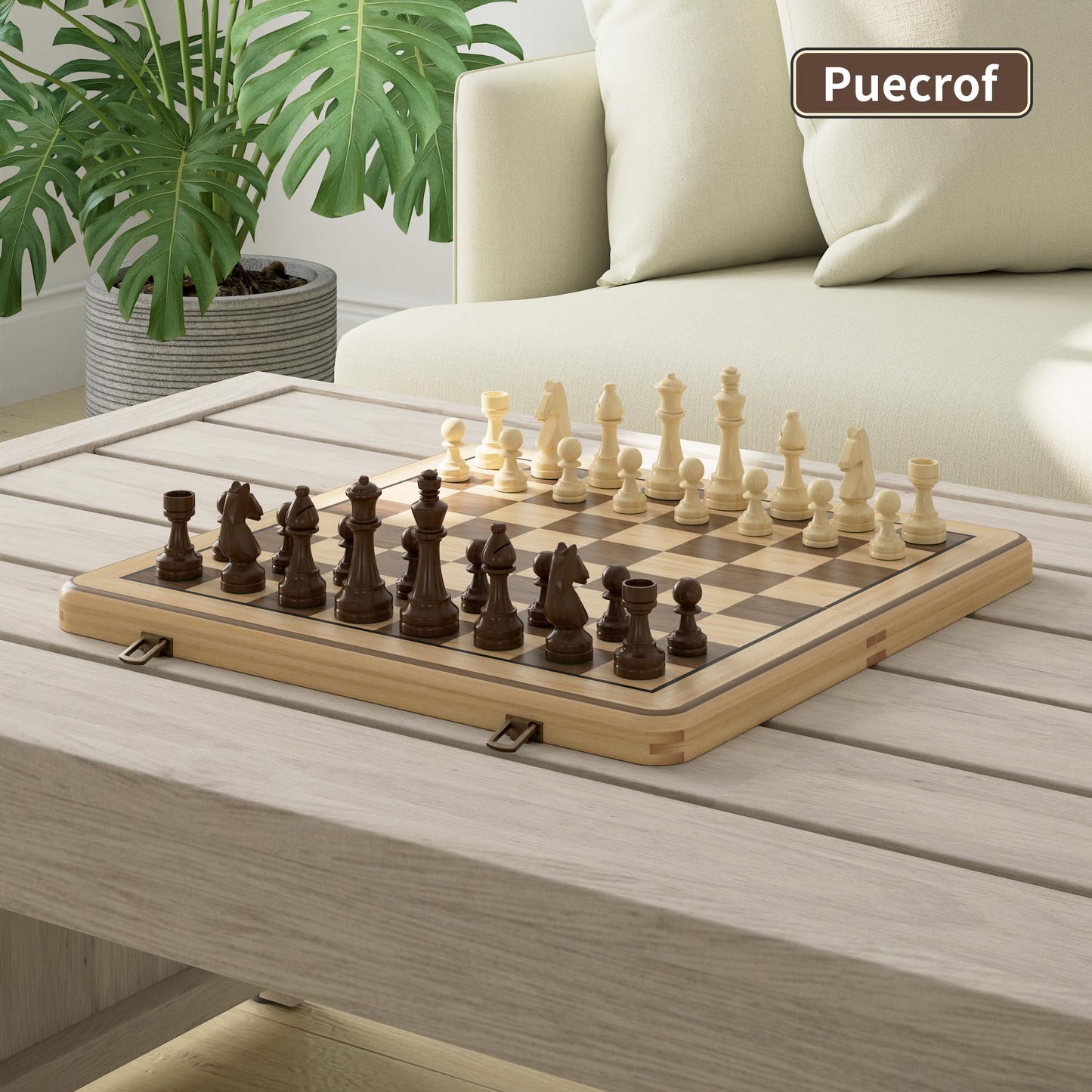 15" Wooden Folding Chess & Checkers Set - 2 in 1 Board Game with 3" King Staunton Pieces and 2 Extra Queens