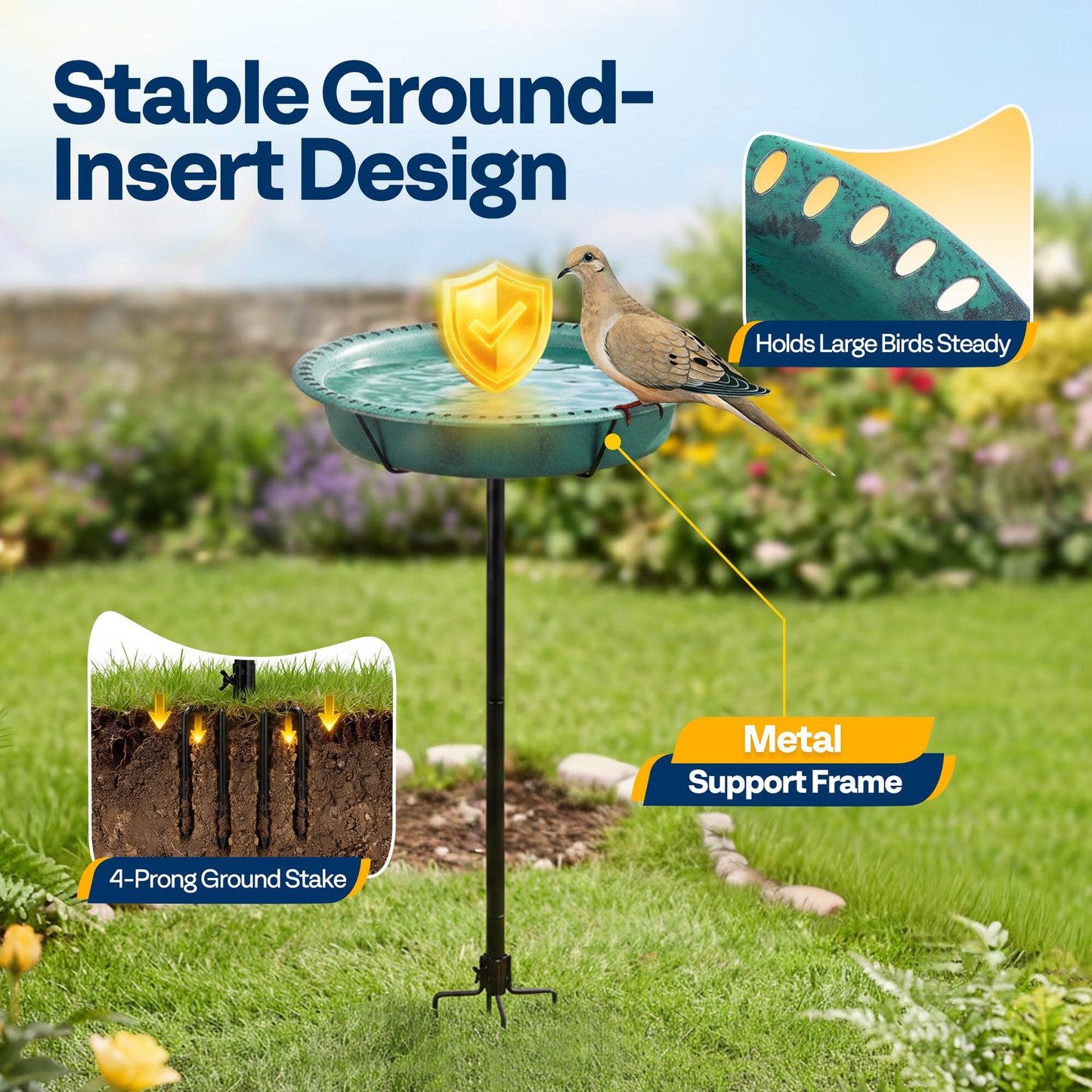 VIVOHOME Oval Bird Bath for Outside, Outdoor Birdbath Bowl with Metal Ground Stake, Weather-Resistant ABS Bird Bath and Feeder for Garden, 1.3 Gallons, Green