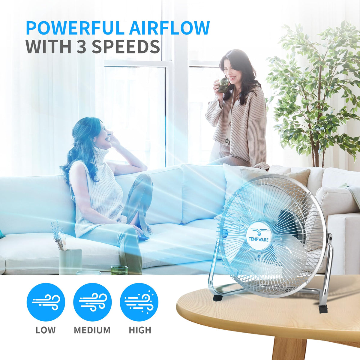 TEMPWARE All Metal Floor Fan 9 Inch, 3-Speed Portable Metal Fan with Adjustable Tilt, Quiet Small Cradle Floor Fan for Home, Office, Bedroom