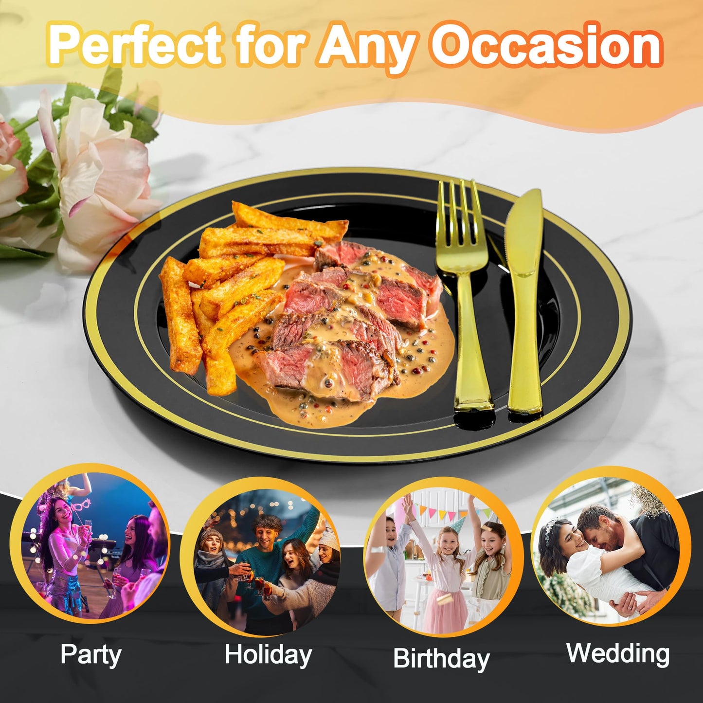 ROCOHANTI 100 PCS Black and Gold Plastic Plates, Disposable Party Black Plates Include 50 Dinner Plate and 50 Dessert Plate Perfect for Holiday, Birthday, Graduation, Wedding & Party