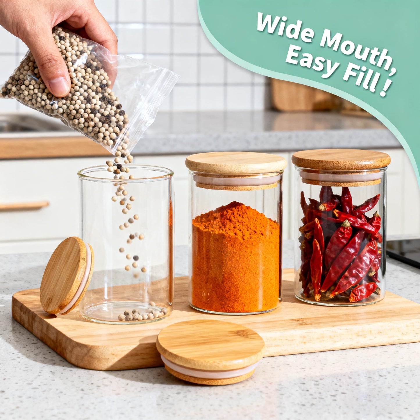Glass Spice Jars with Bamboo Lids 12 Pack, 250ml Empty Spice Containers with Labels,Airtight Small Seasoning Jars for Salt, Pepper, Chili Powder, Sugar, Loose Tea Storage