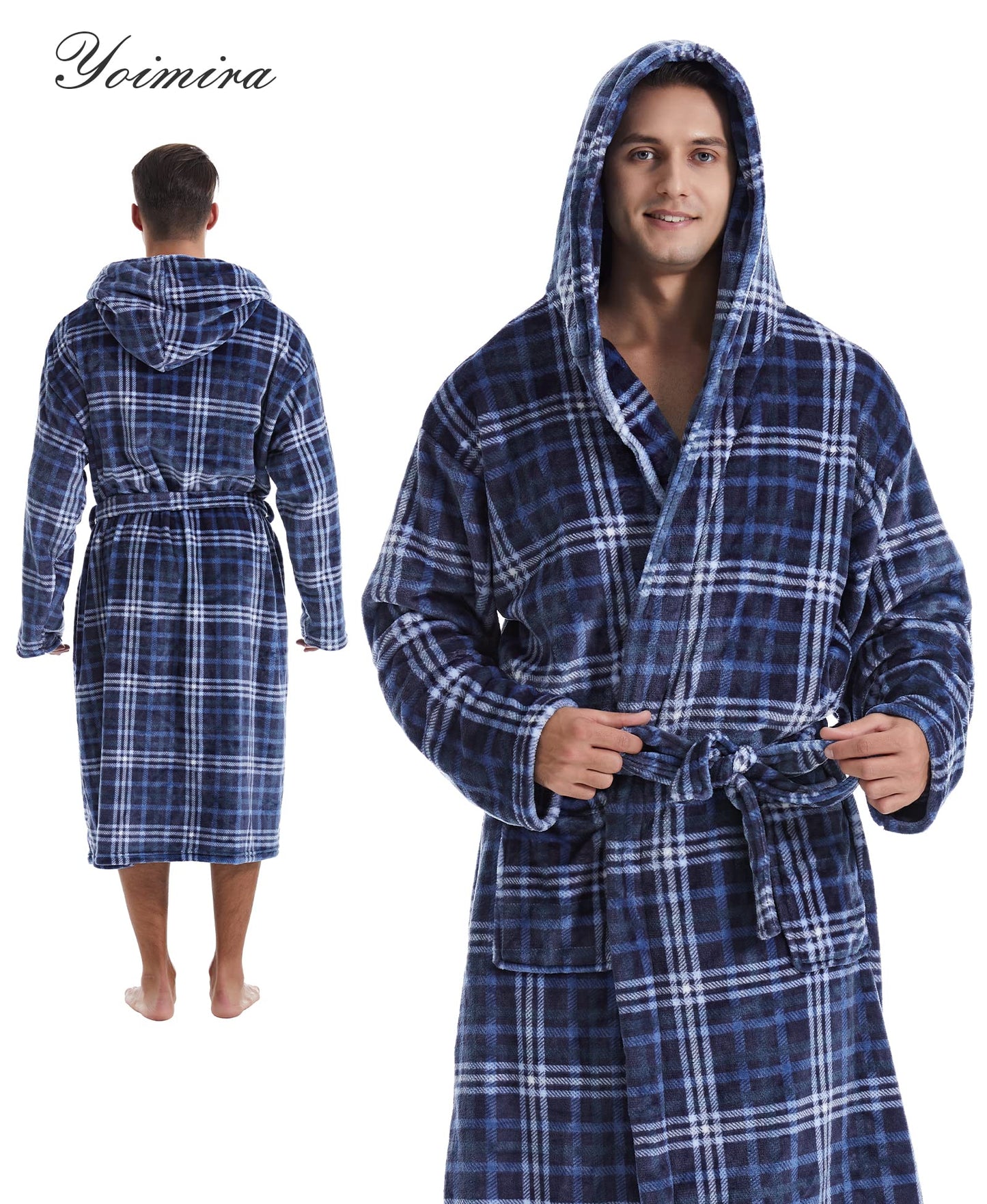 Mens Robe with Hood, Cozy Fluffy Robe for Men Luxury Plush Fleece Plaid Bathrobe for Winter